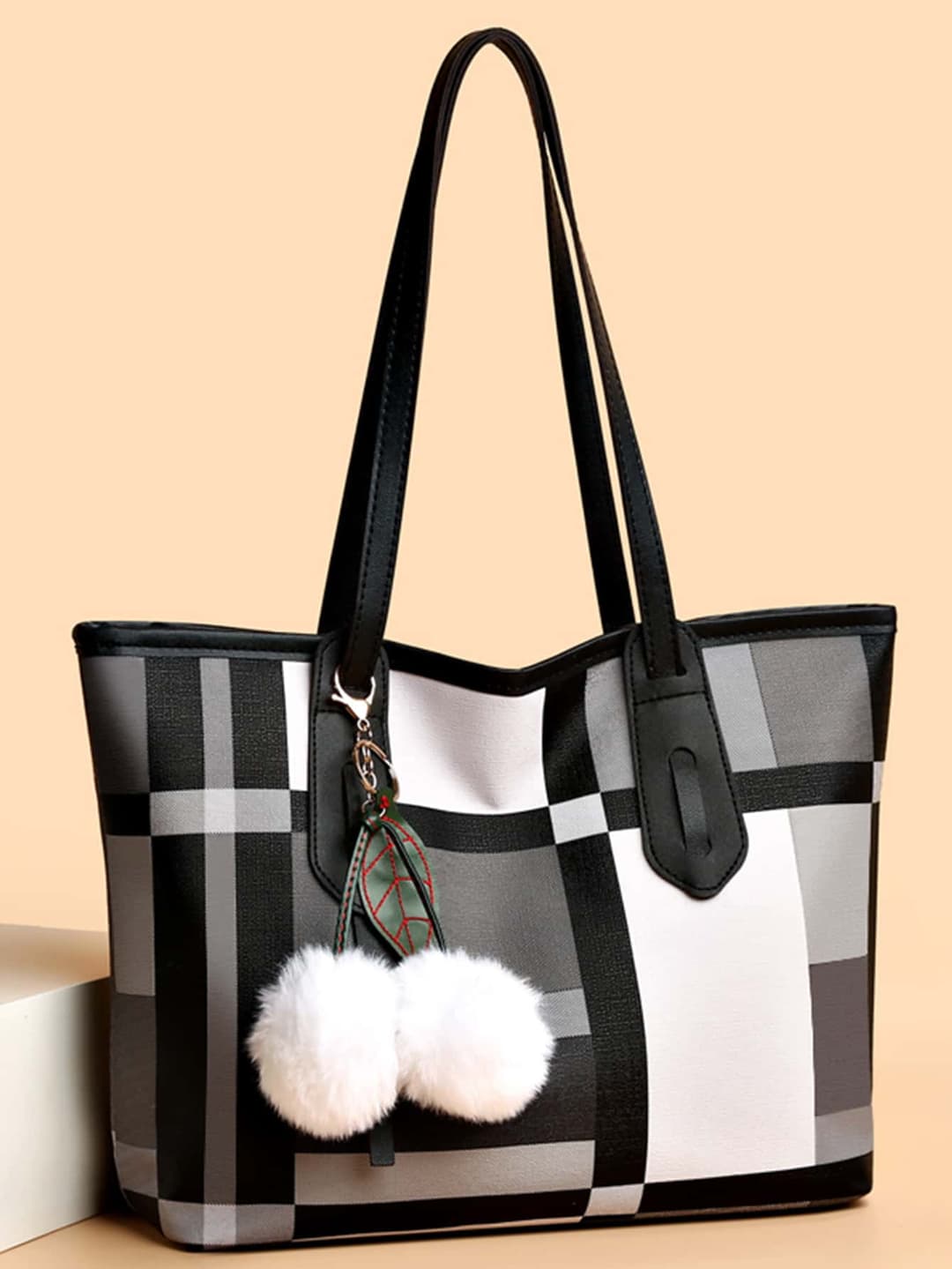 Plaid Pattern Shoulder Tote Bag With Bag Charm Handbags for Women, Shoulder Bags Purse Top Handle Hobo Handbag, Large Capacity Purse Satchel Fashionable Tote Bag School Gift, Retro Crossbody Purse Travel Back packs