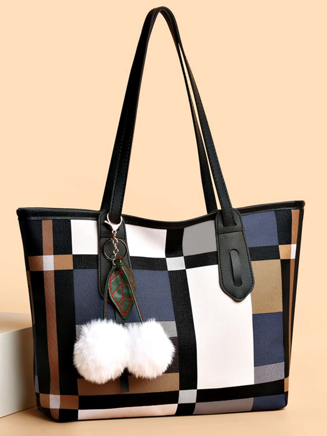 Plaid Pattern Pom Decor Shoulder Tote Bag Handbags For Women, Shoulder Tote Bag Purse Top Handle Hobo Handbag, Large Capacity Purse Satchel Fashionable Tote Bag School Gift, Retro Crossbody Purse Hiking Back Pack Travel BagsLightweight,Portable,Large Capacity, Suitable For Teen Girls Women College Students, Perfect For Back To School,College,Middle School, High School