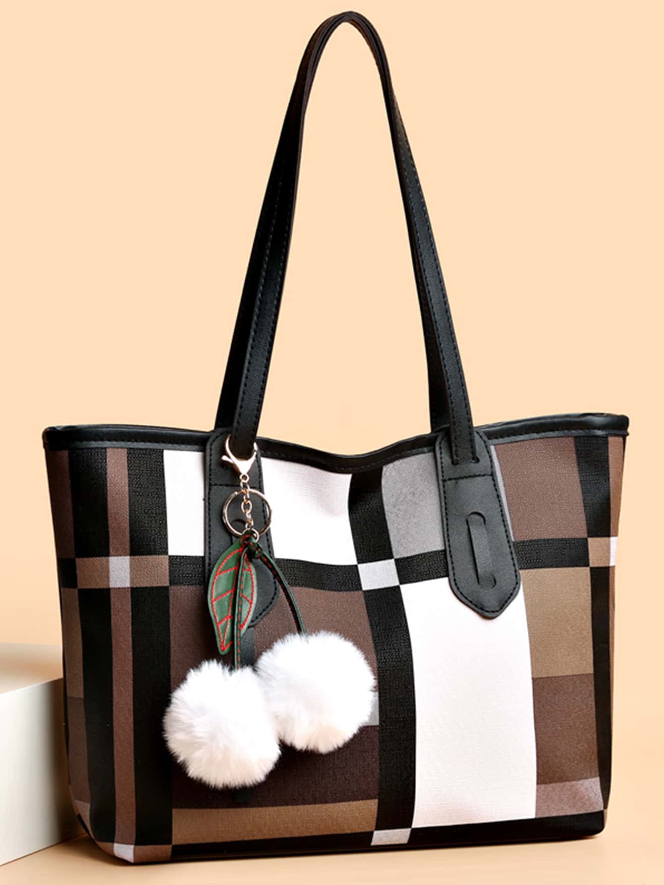 Plaid Pattern Shoulder Tote Bag With Bag Charm Handbags for Women, Shoulder Tote Bag Purse Top Handle Hobo Handbag, Large Capacity Purse Satchel Fashionable Tote Bag School Gift, Retro Crossbody Purse Hiking Back pack Travel Bags