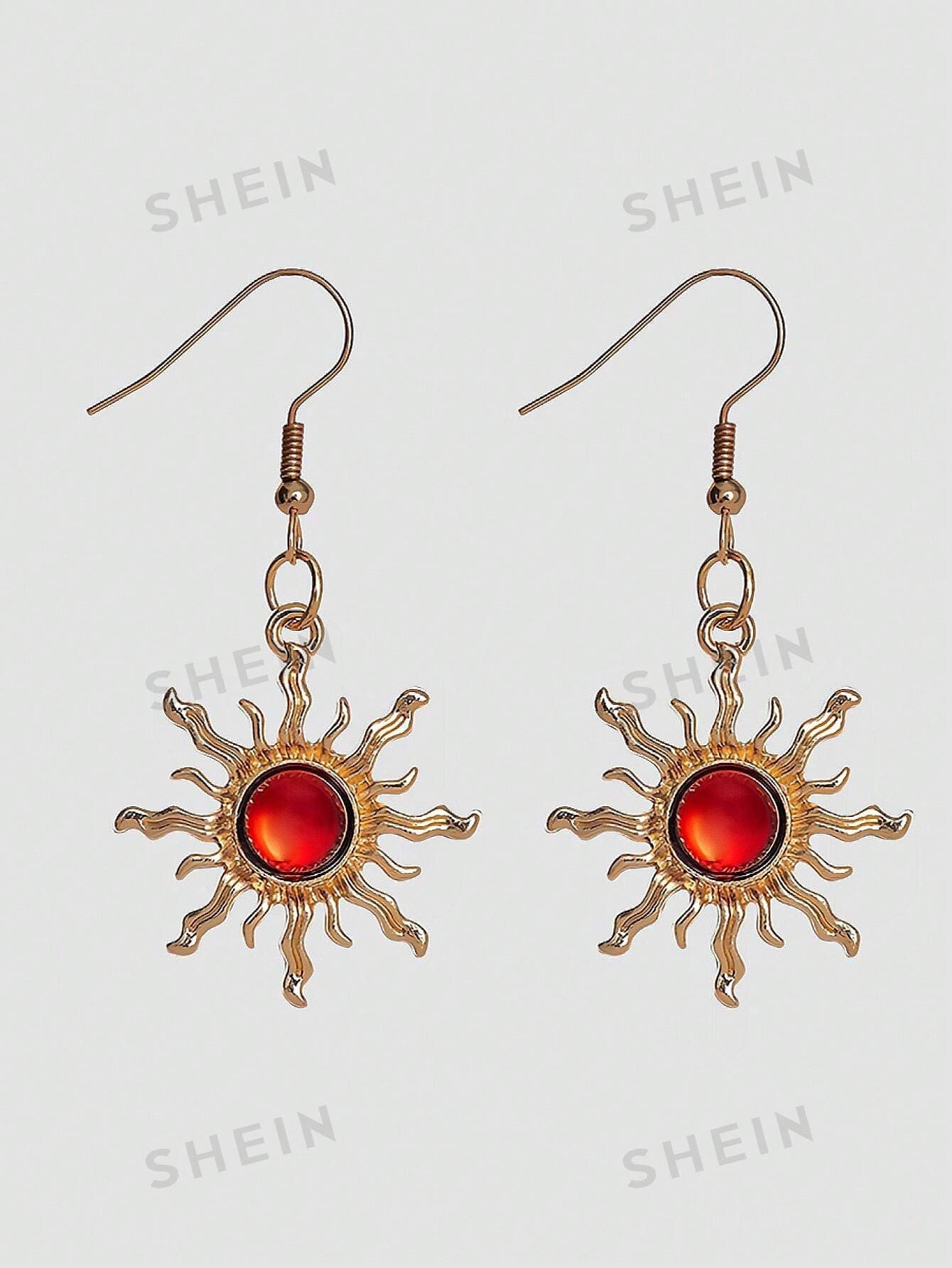 ROMWE Fairycore Chic Gold-Color Red Sun Earrings