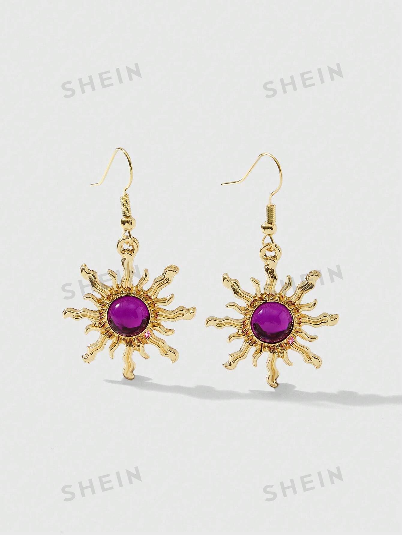 ROMWE Fairycore 1pc Unique Cold Gold & Green Sunshape Dangle Earring
