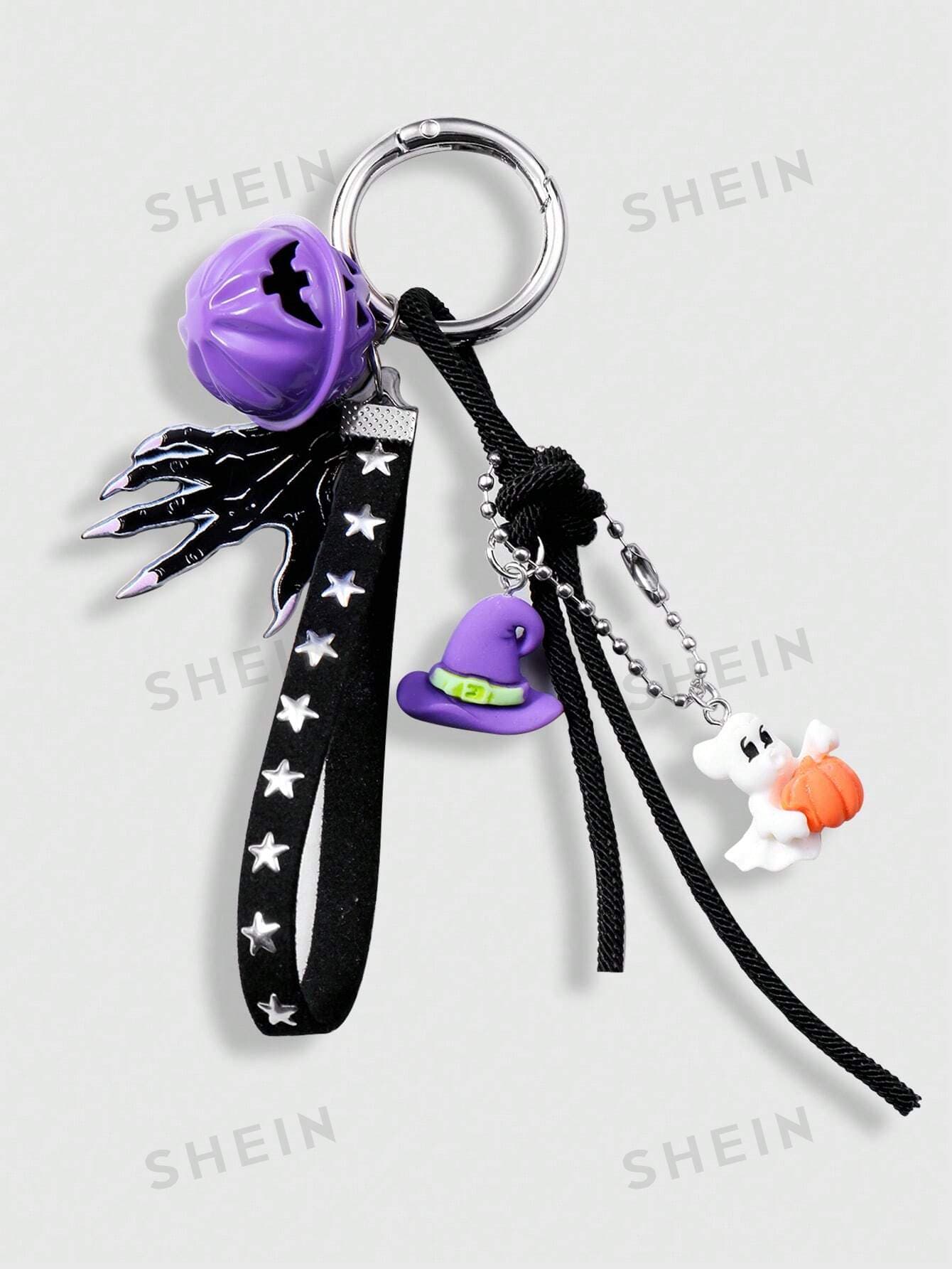 ROMWE Goth 1pc Unique Purple Pumpkin Bell, Hat, Skeleton Hand, Black Star Woven Rope Bag Charm & Keychain, Suitable For Daily Wear And Holiday Gifts
