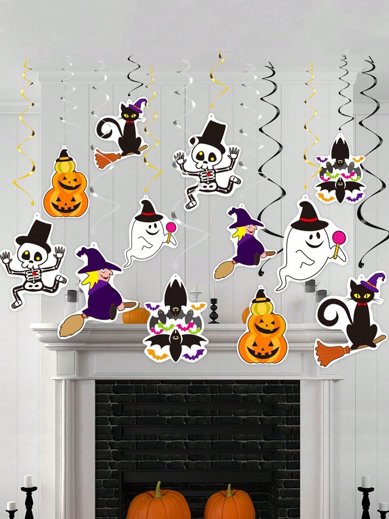 1set-Halloween Party Hanging Swirl Decorations, Bat Ghost Pumpkin Black Cat Cards Hanging Swirl Party Supplies,Halloween Party Decorations Set For Outdoor Indoor Decor
