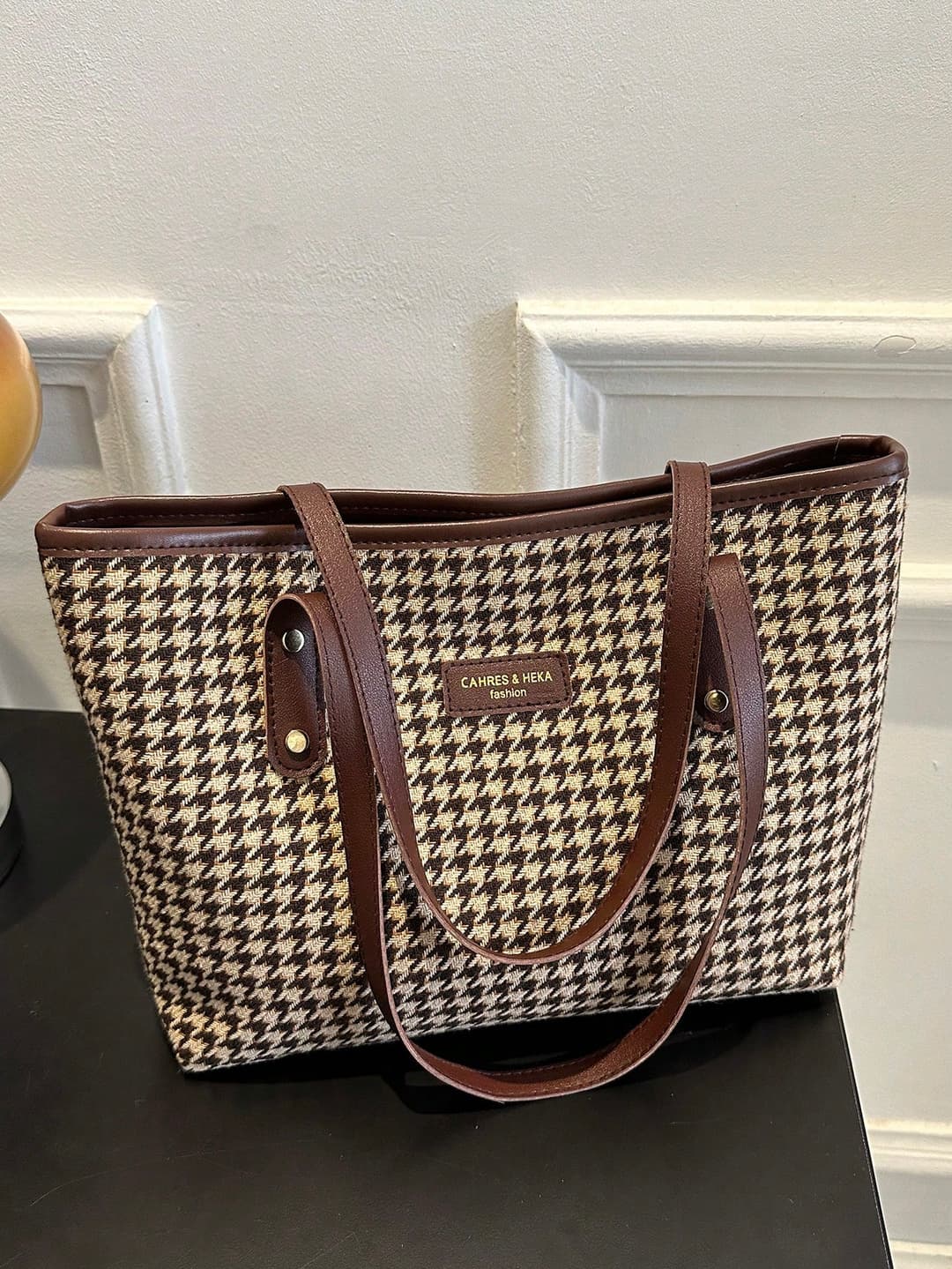 1 Piece Vintage Fabric Thousand Bird Check Top Shoulder Handbag Simple Zipper Closure Tote Bag For Women's Daily Casual and Travel Use