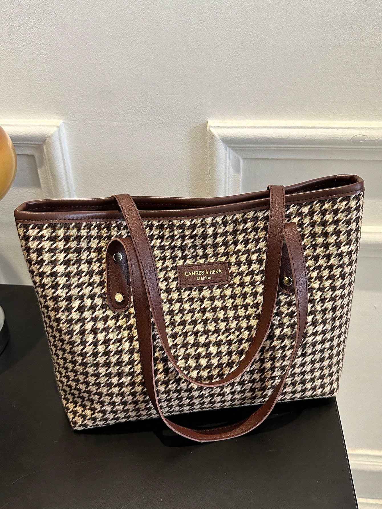 1 Piece Vintage Fabric Thousand Bird Check Top Shoulder Handbag Simple Zipper Closure Tote Bag For Women's Daily Casual and Travel Use