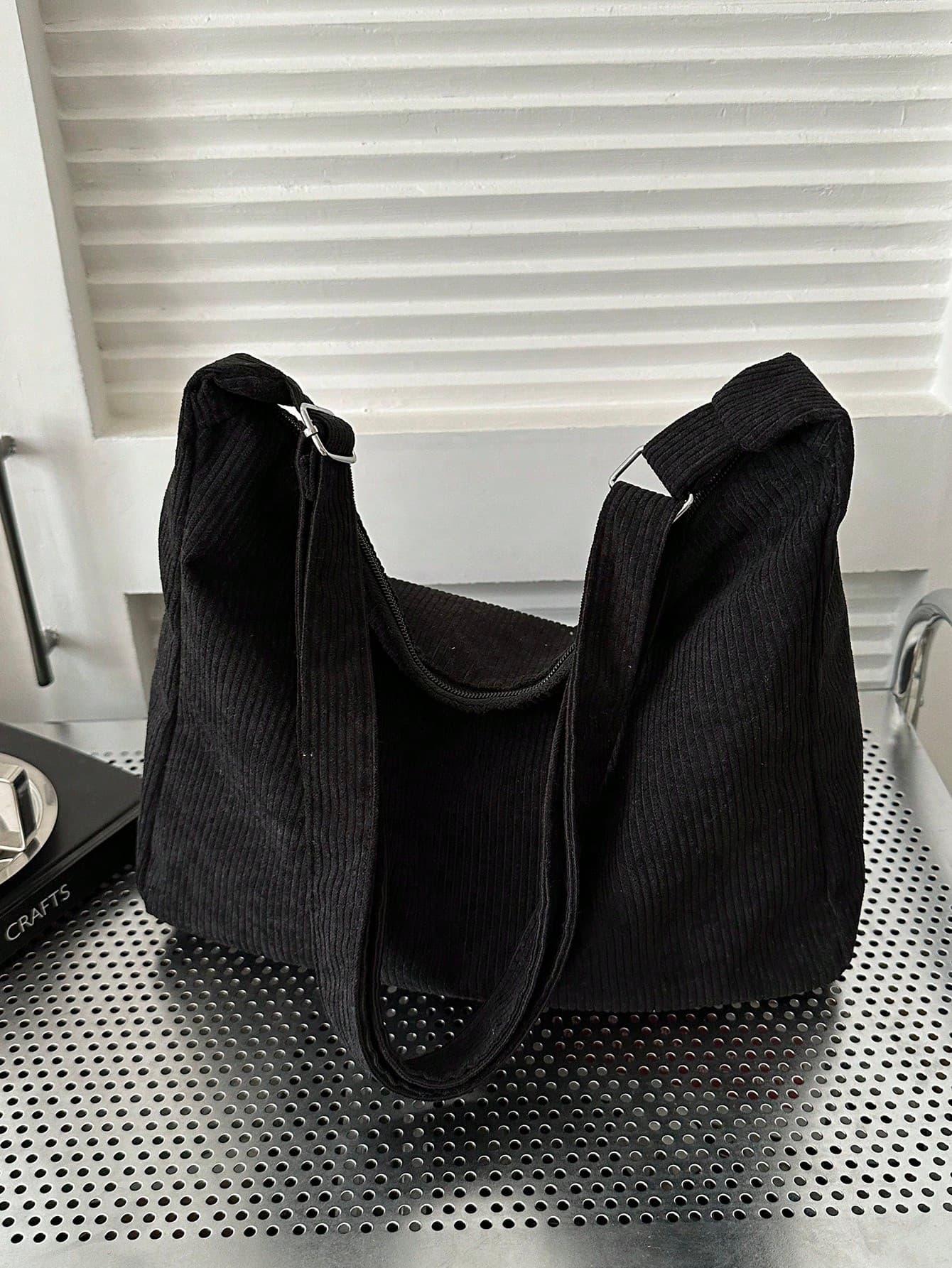 Fashionable Casual Large Capacity Solid Corduroy Women's Crossbody Bag Black Corduroy Hobo Shoulder Bag, Lightweight Minimalist Bag, Tote Solid Color Bag Handbags
