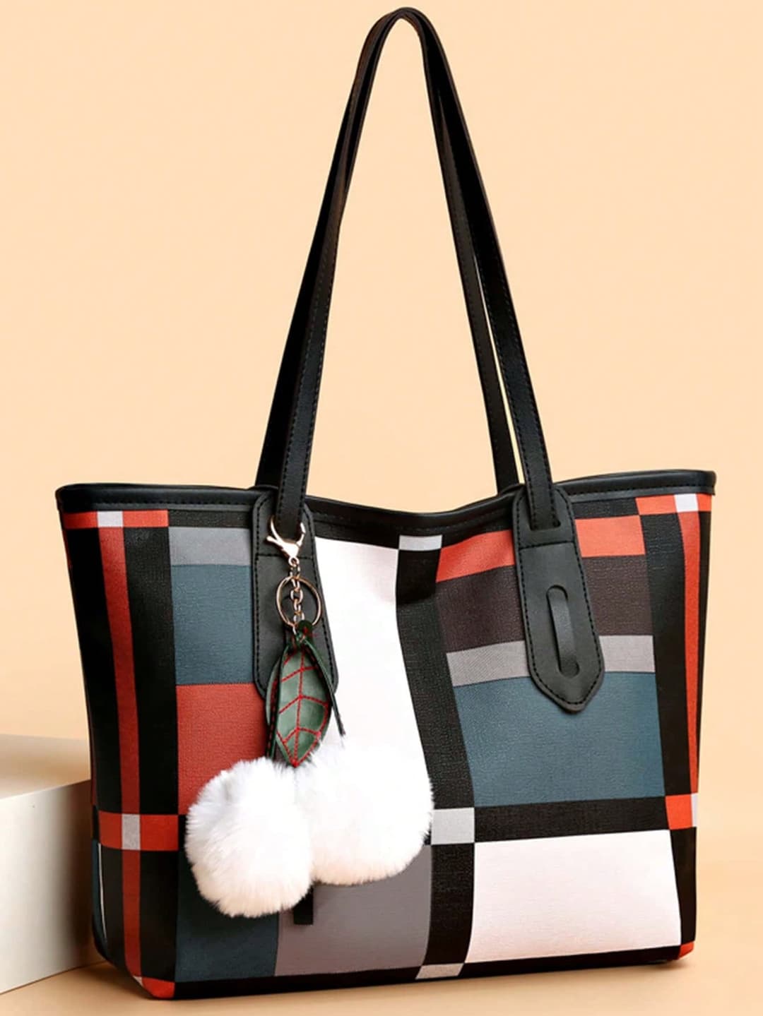 Plaid Pattern Shoulder Tote Bag for Women, Top Handle Hobo Handbag Purse with Pendant, Large Capacity Purse Satchel Fashionable School Gift Crossbody Purse Travel Bags, Satchel Bag Vintage Laptop Handbags For Commuting & Going Out