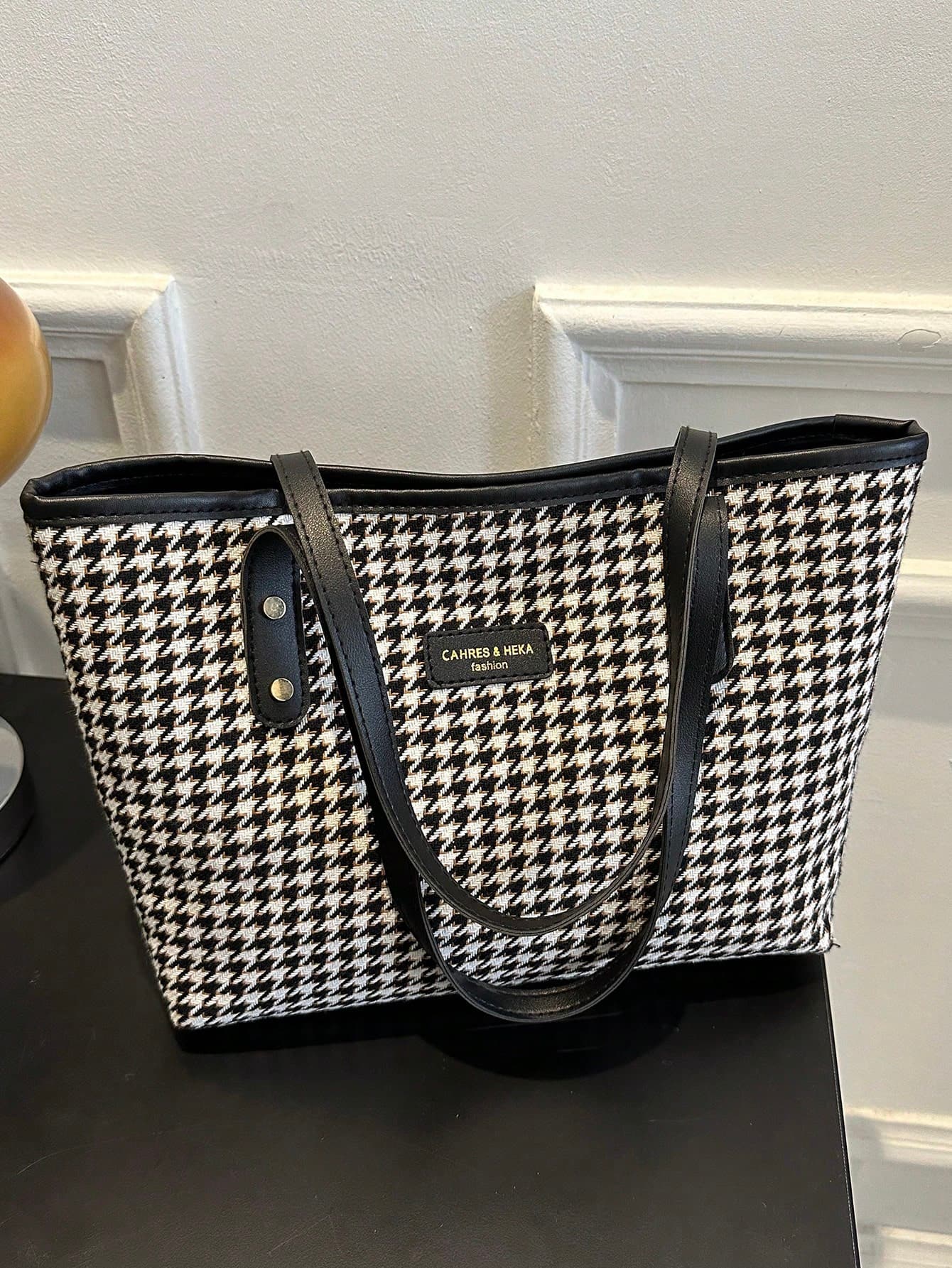 1 Piece Vintage Fabric Thousand Bird Check Top Shoulder Handbag Simple Zipper Closure Tote Bag For Women's Daily Casual And Travel Use