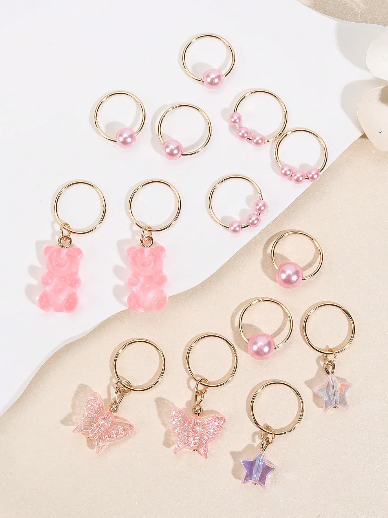 14pcs Pink Hair Beads Accessories For Braids,Star Pearl Small Bear Design Hair Rings Decorations,Women Hair Accessories For Hair And Dreadlocks. Cute