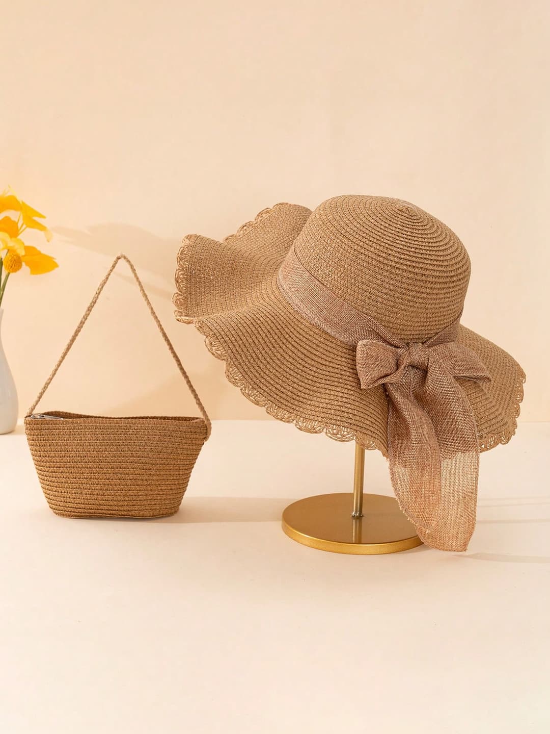 2pcs/Set Khaki Color Wave Design Bowknot Sun Hat & Woven Shoulder Bag For Women, Perfect For Vacation And Traveling Boho