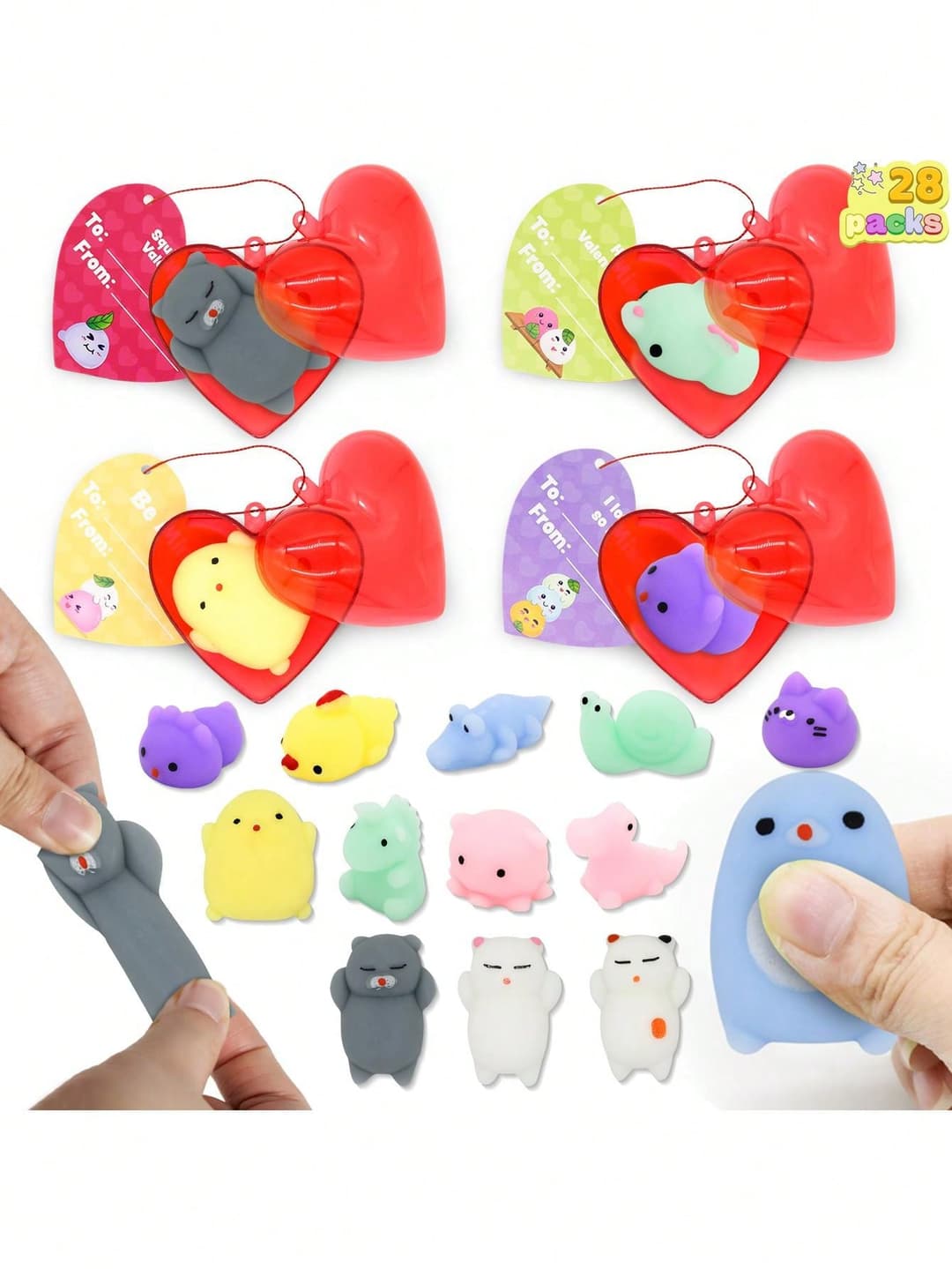 Syncfun 28 Pcs Valentine 28 Mochi Squishy Filled Heart Toys And Cards