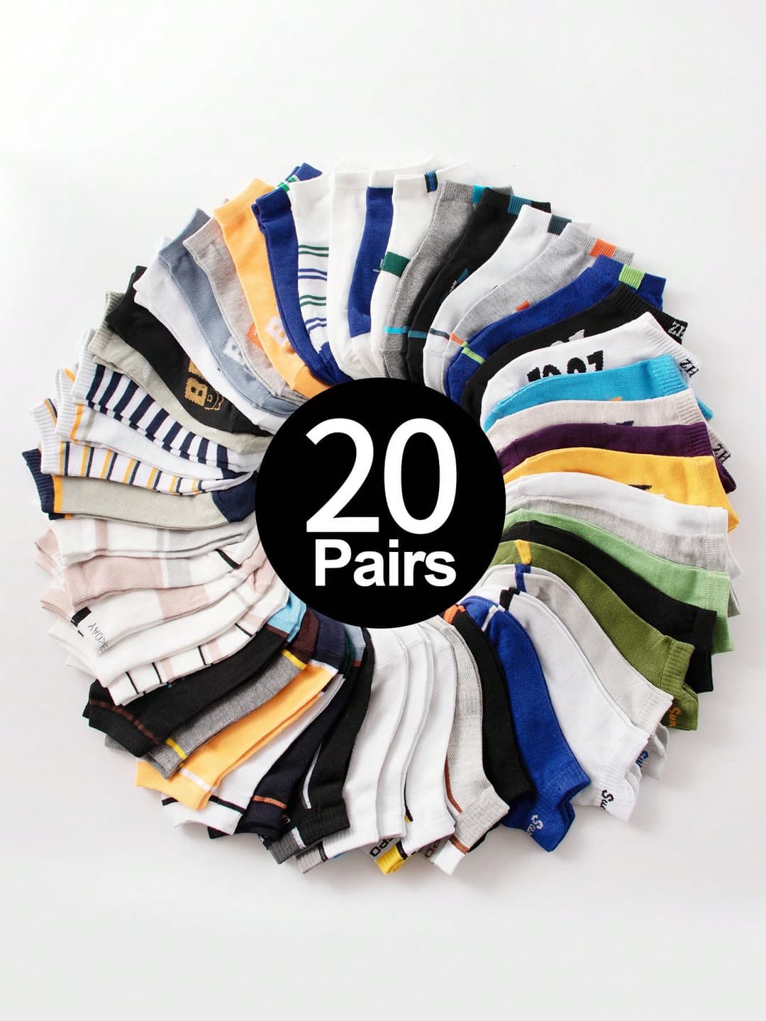 20pairs/Set Men's Short Socks, Soft & Comfortable, Ankle Length, Moisture Wicking & Anti-Odor, With Random Mix Of Numbers, Letters And Stripes Design, Suitable For Daily Life, For Gym
