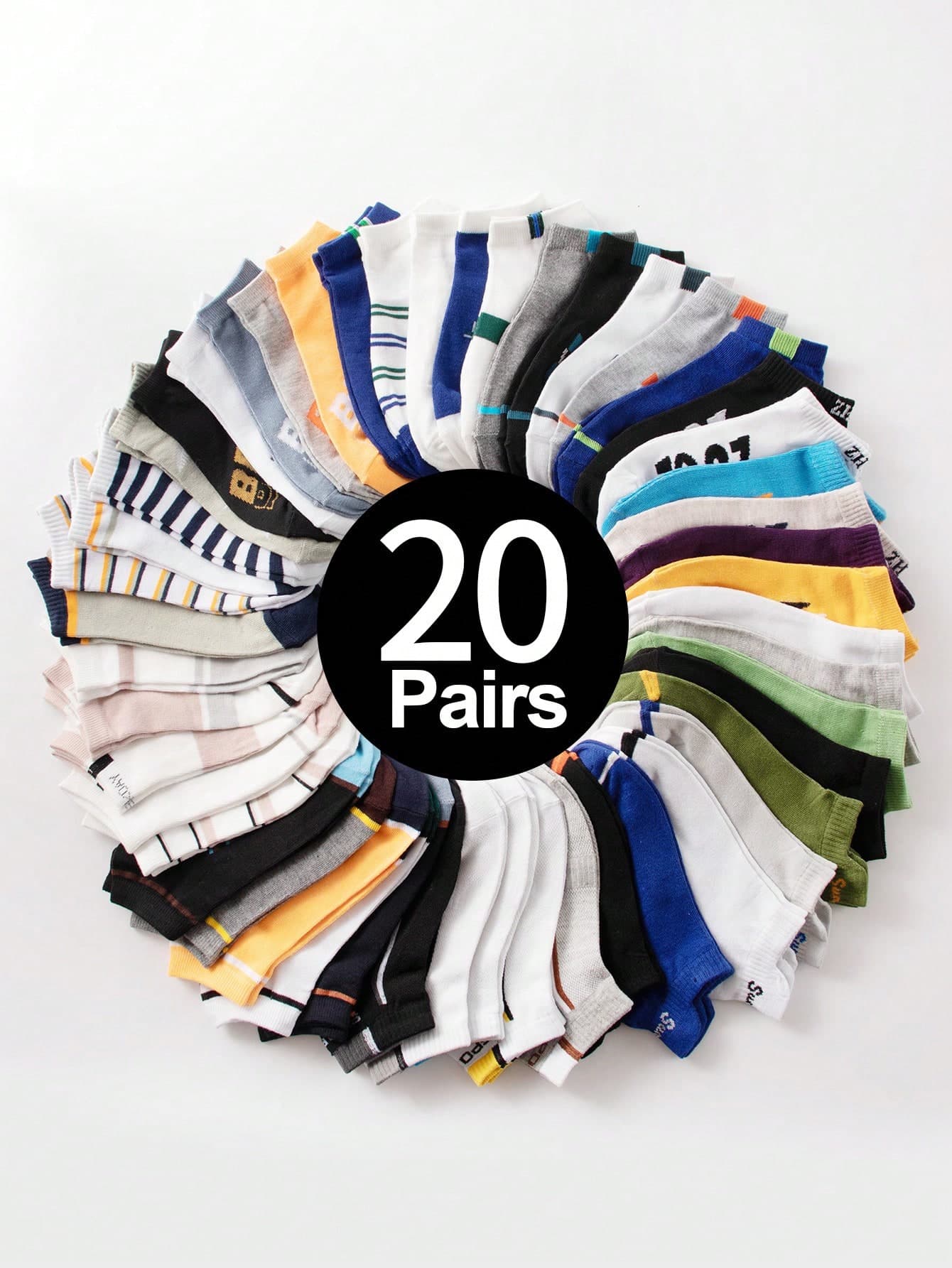 20pairs/Set Men's Short Socks, Soft & Comfortable, Ankle Length, Moisture Wicking & Anti-Odor, With Random Mix Of Numbers, Letters And Stripes Design, Suitable For Daily Life, For Gym