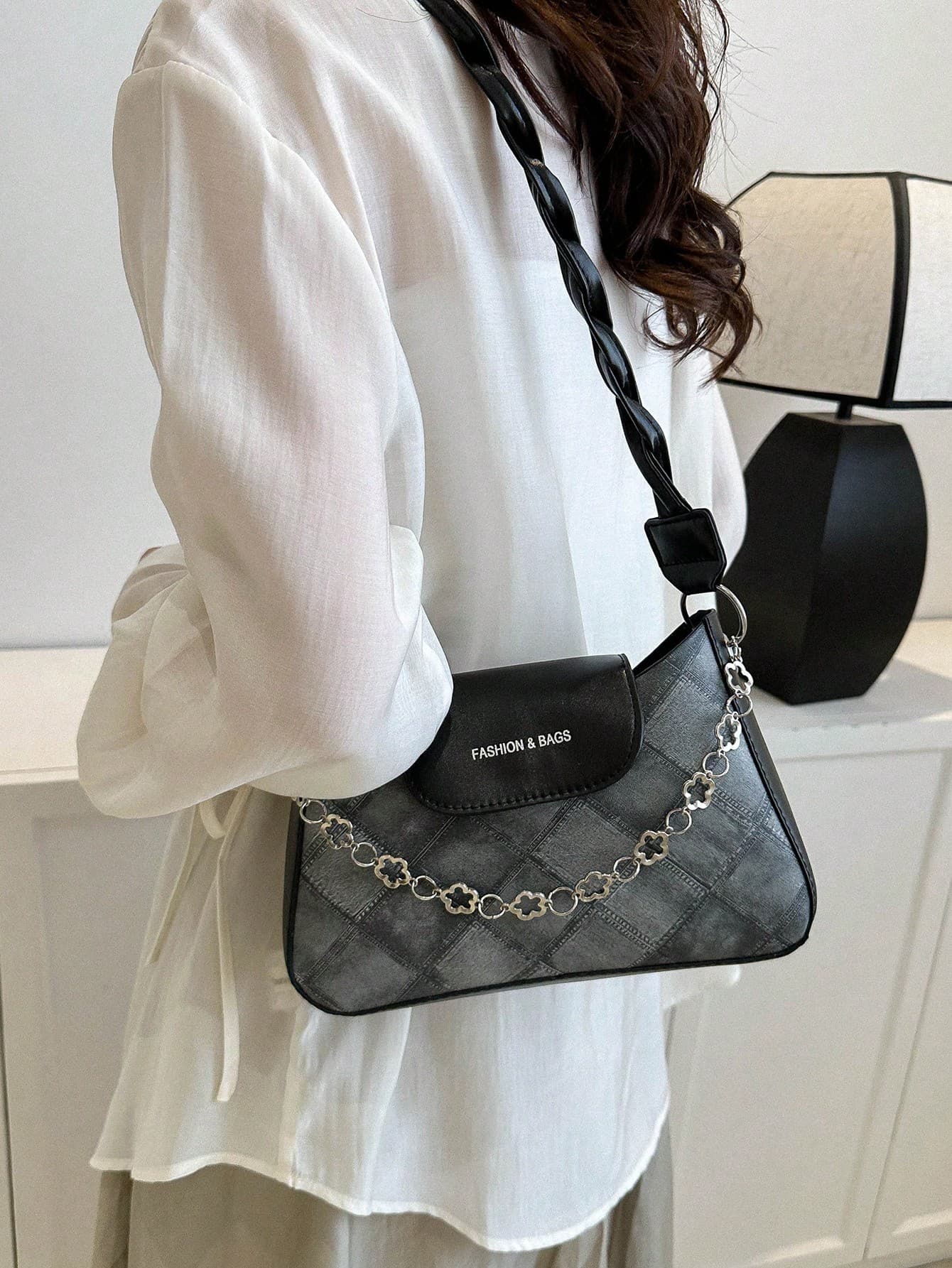 Fashionable Summer Crossbody Bag With Ditsy Floral Print Patchwork, Woven Shoulder Strap And Chain Decoration