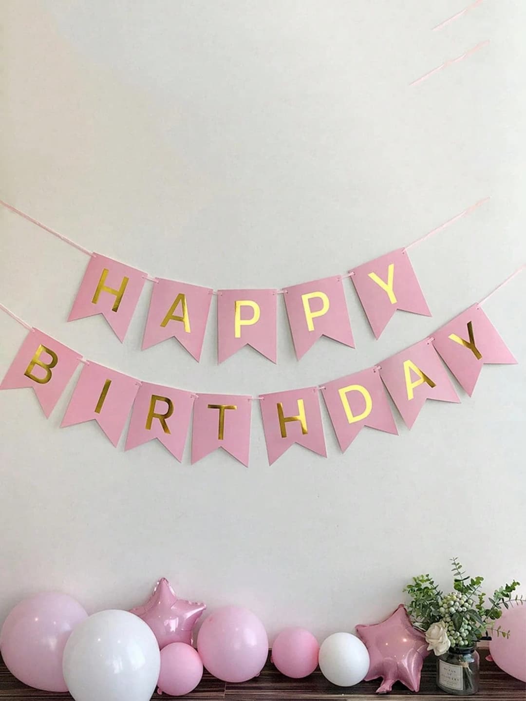 1 Set Pink Happy Birthday Paper Pennant Banner With Modern Metallic Letter Graphic Decoration, Suitable For Birthday Party
