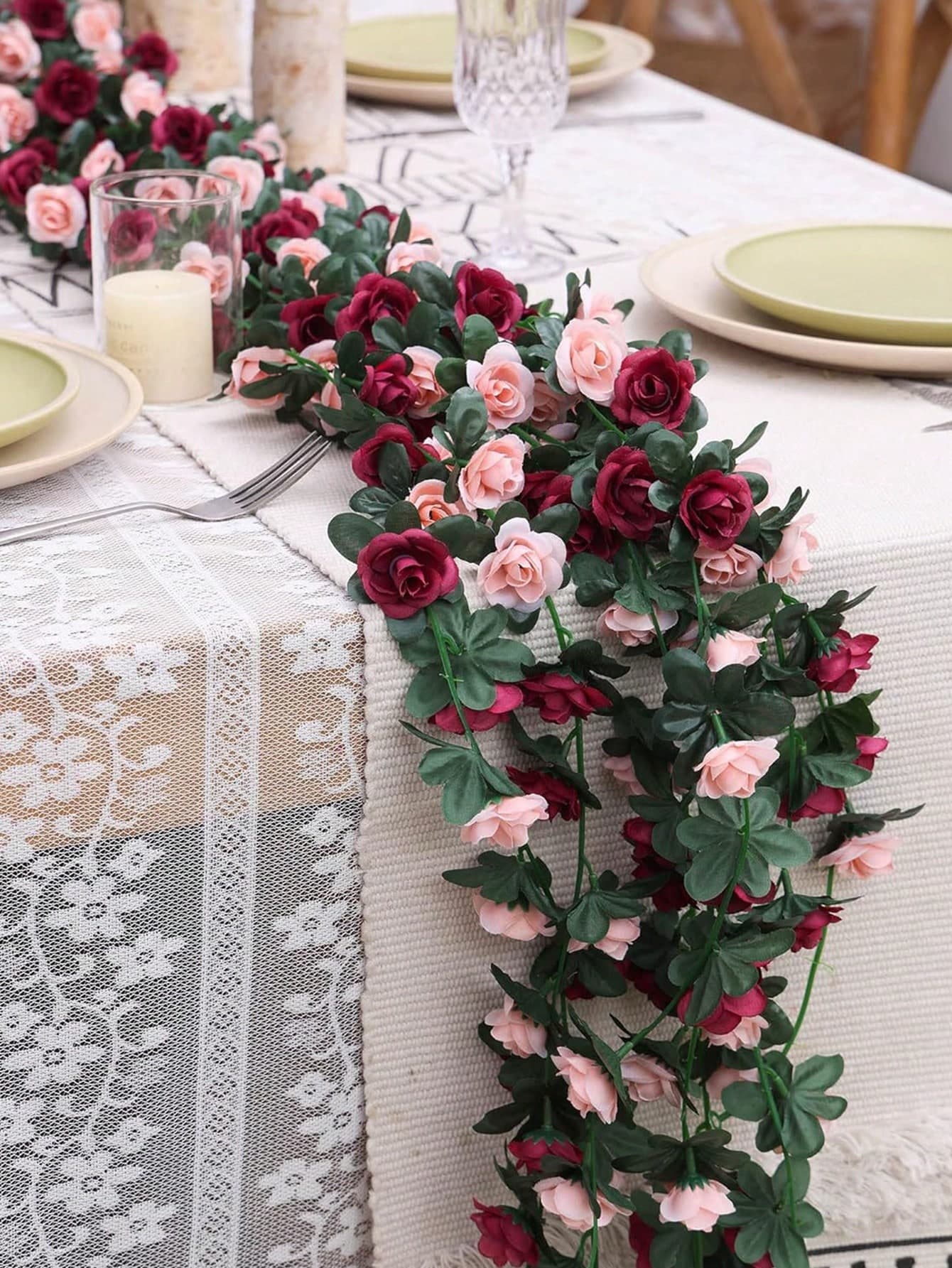 1PC Silk Roses Vine Artificial Flowers Fake Green Leaf Plants Valentine's Day Bride Bouquet For Autumn Decorations Wedding Vase For Home Dining Room Bedroom Decorations, Festival Birthday Party Accessories, Outdoor Garden Decorations