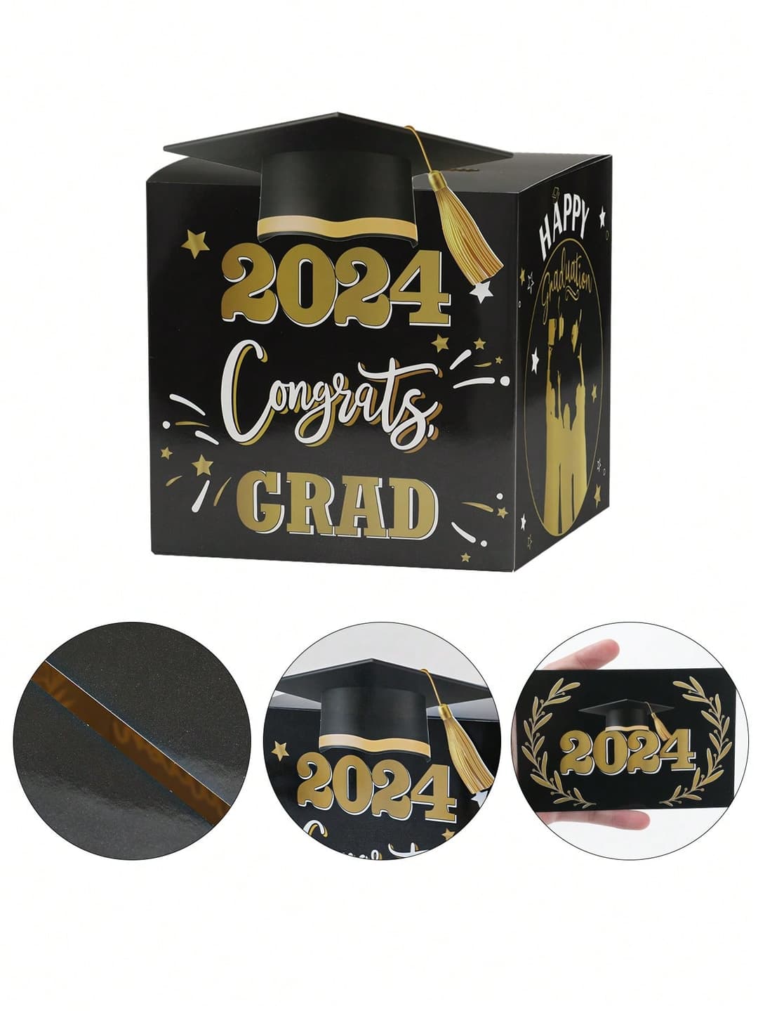 1pc Graduation Card Box+36pcs Cards, 2024 Grad Ballot Box, Black Foldable Cardboard Congrats Card Gift Box For Graduation Party Supplies Party Favors
