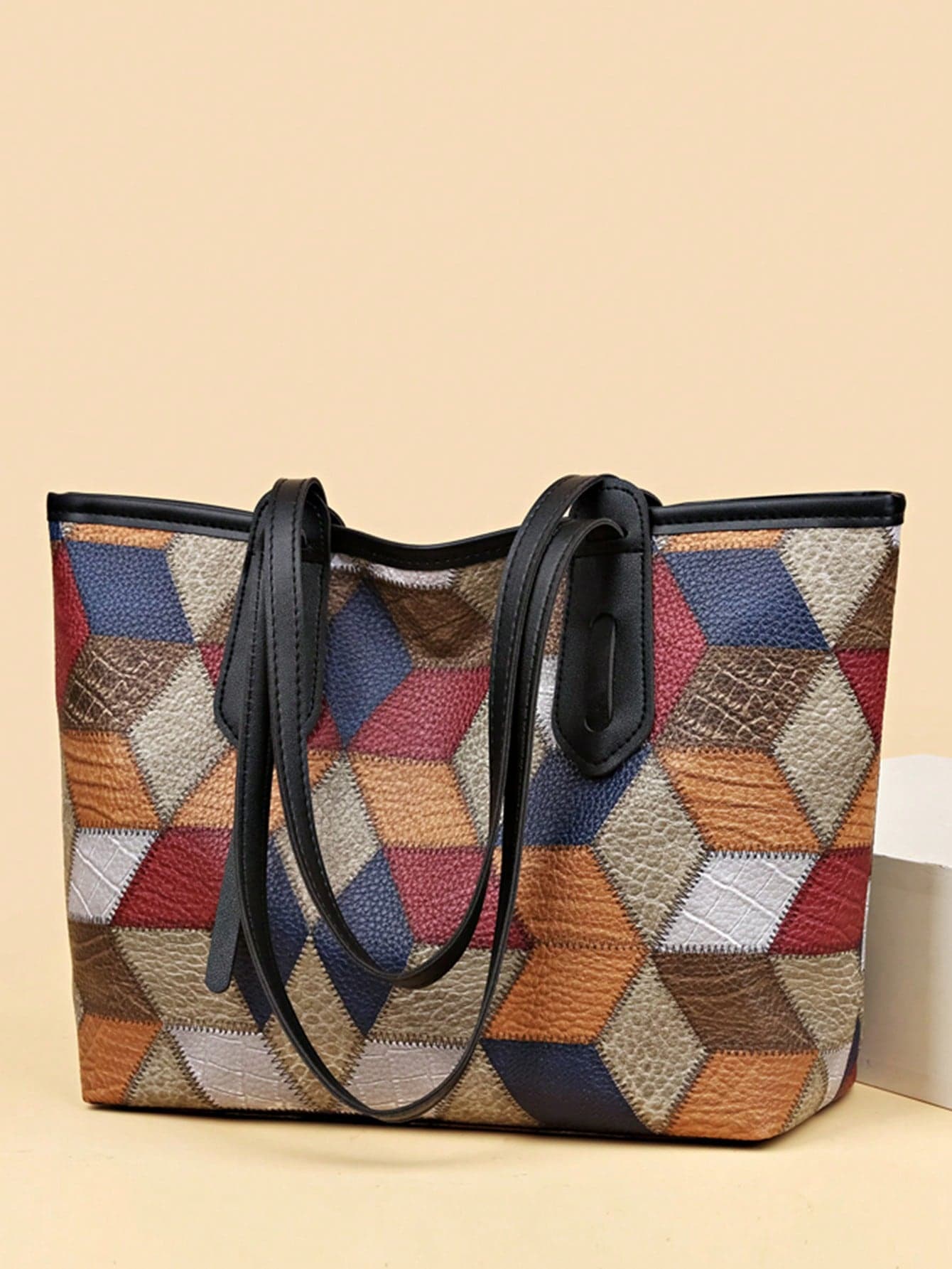 Women's Classic Color Contrast Spliced Tote Bag, Large Capacity Durable Lightweight Storage Shoulder Bags, Casual Versatile Commuting Work Sling Bag, Shopping Groceries Handbag For Daily Use, Fashion Valentine's Day Mother's Day Gifts