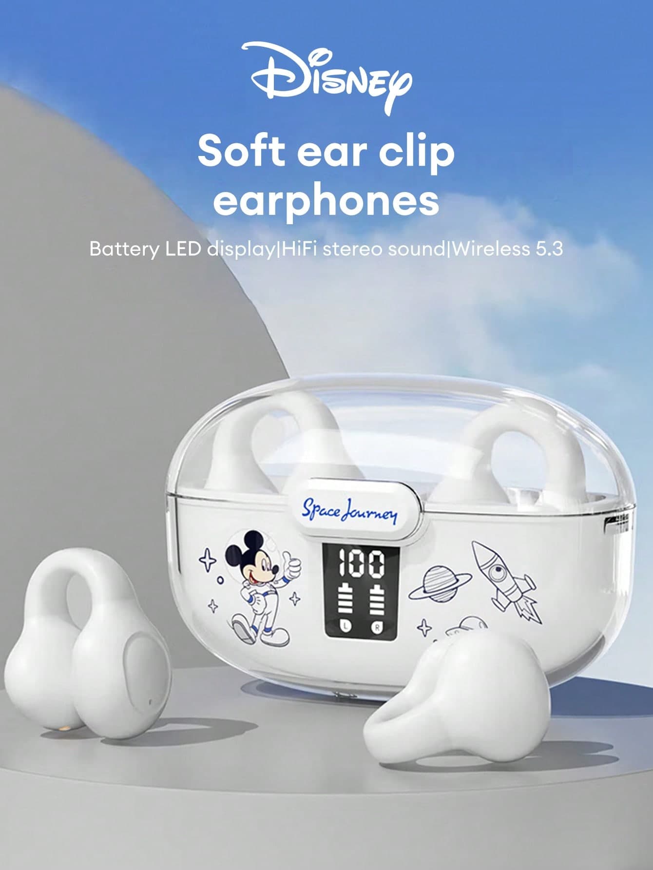 Disney J300 Passive Noise Cancelling Ear-Clip Style 5.3 Open-Ear Wireless Headphones For Sports & Gaming, LED Display, HiFi Surround Sound, Noise Cancelling Microphone