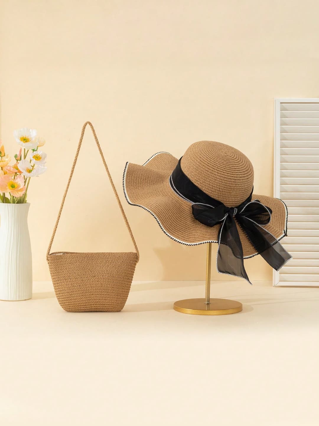 2pcs Women Khaki Wave Bowknot Sun Beach Hat & Woven Shoulder Tote Bag Set, Perfect For Holiday And Traveling