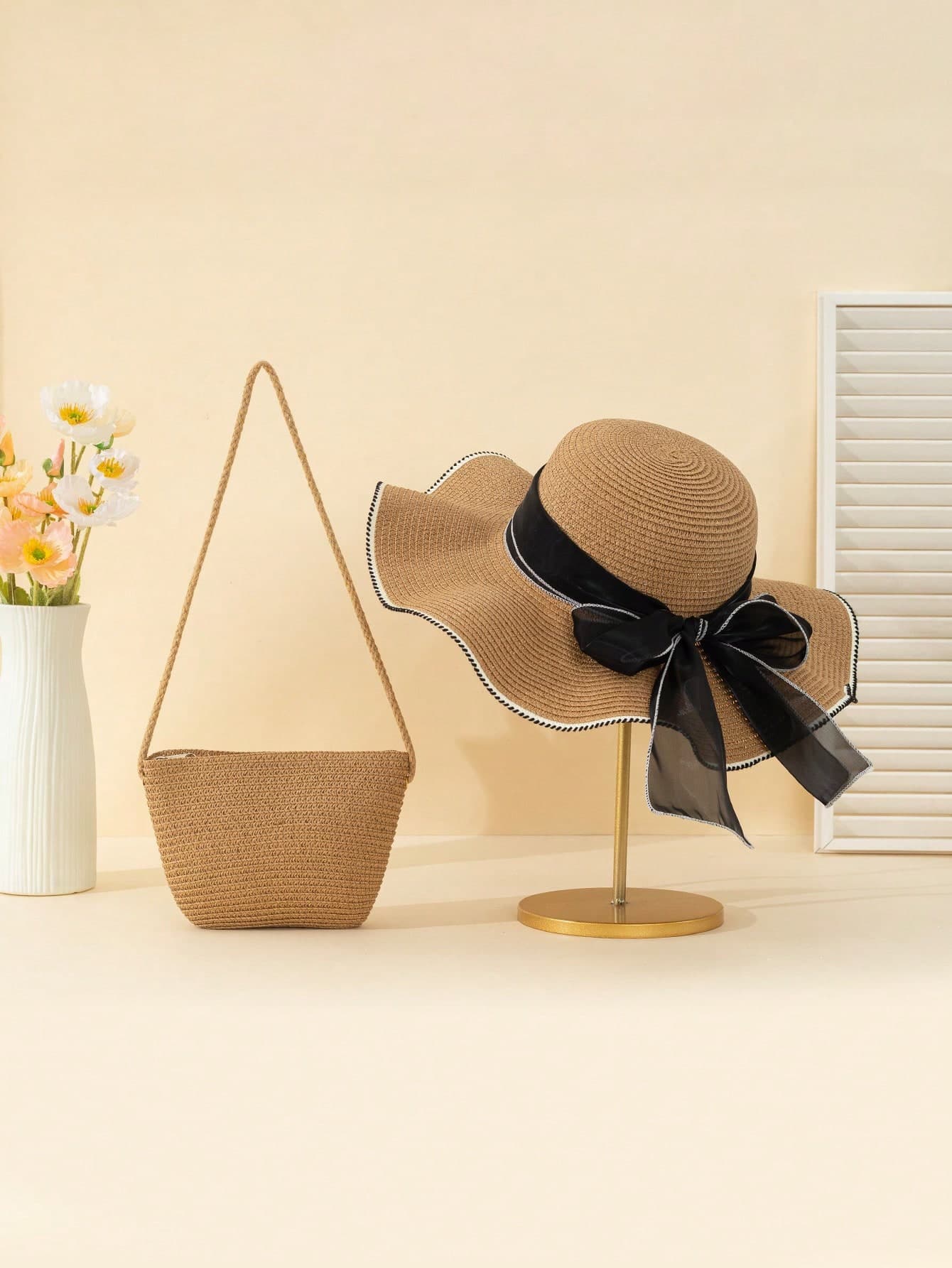 2pcs Women Khaki Wave Bowknot Sun Beach Hat & Woven Shoulder Tote Bag Set, Perfect For Holiday And Traveling