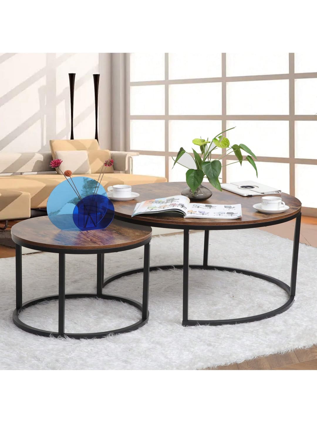 JJS Modern Round Nesting Coffee Table Set Of 2, Large Living Room Accent Tables, Stacking Sofa End Side Table Cocktail Table With Metal Frame, Marble And Black…