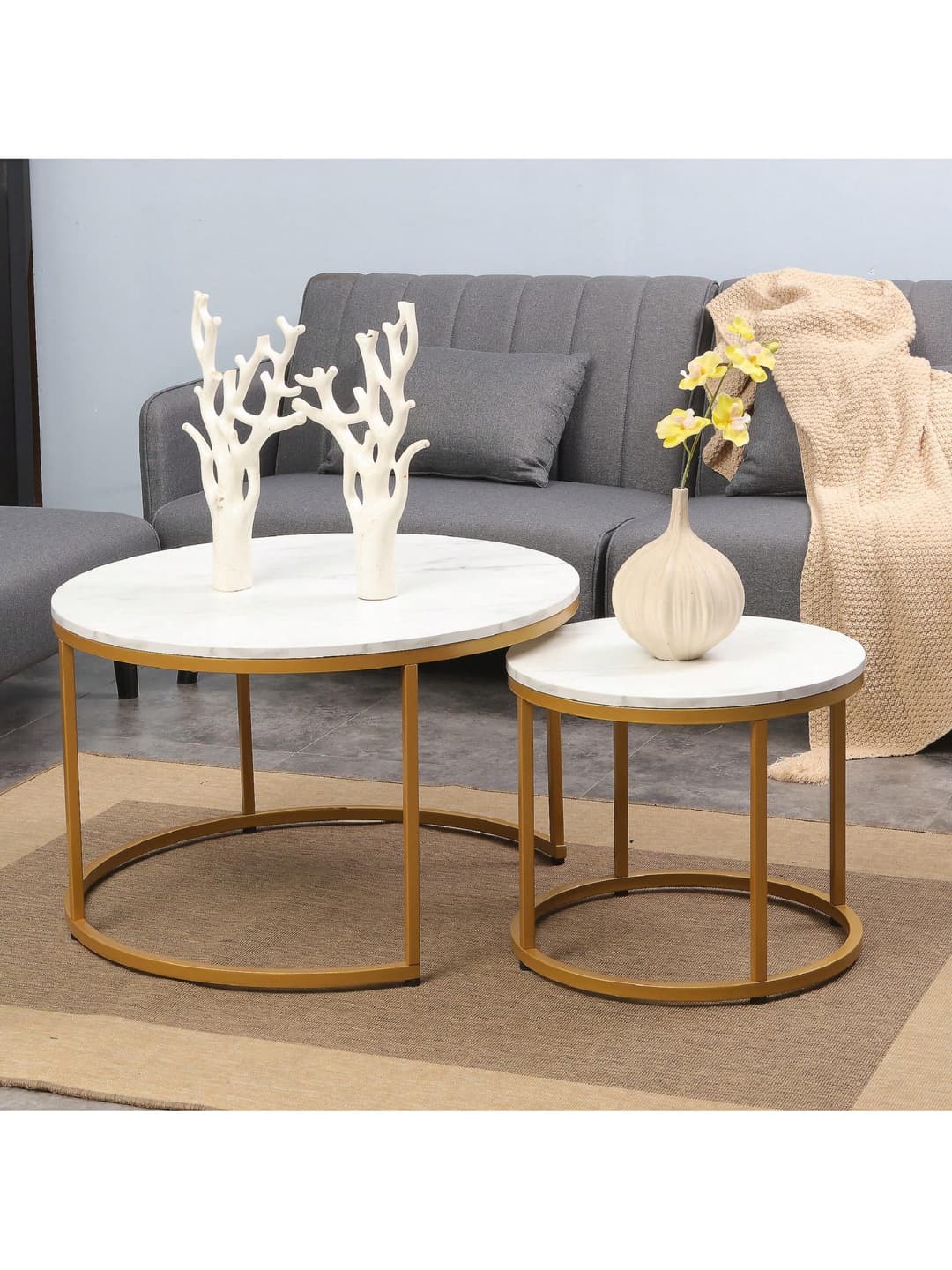 JJS Modern Round Nesting Coffee Table Set Of 2, Large Living Room Accent Tables, Stacking Sofa End Side Table Cocktail Table With Metal Frame, Marble And Black…