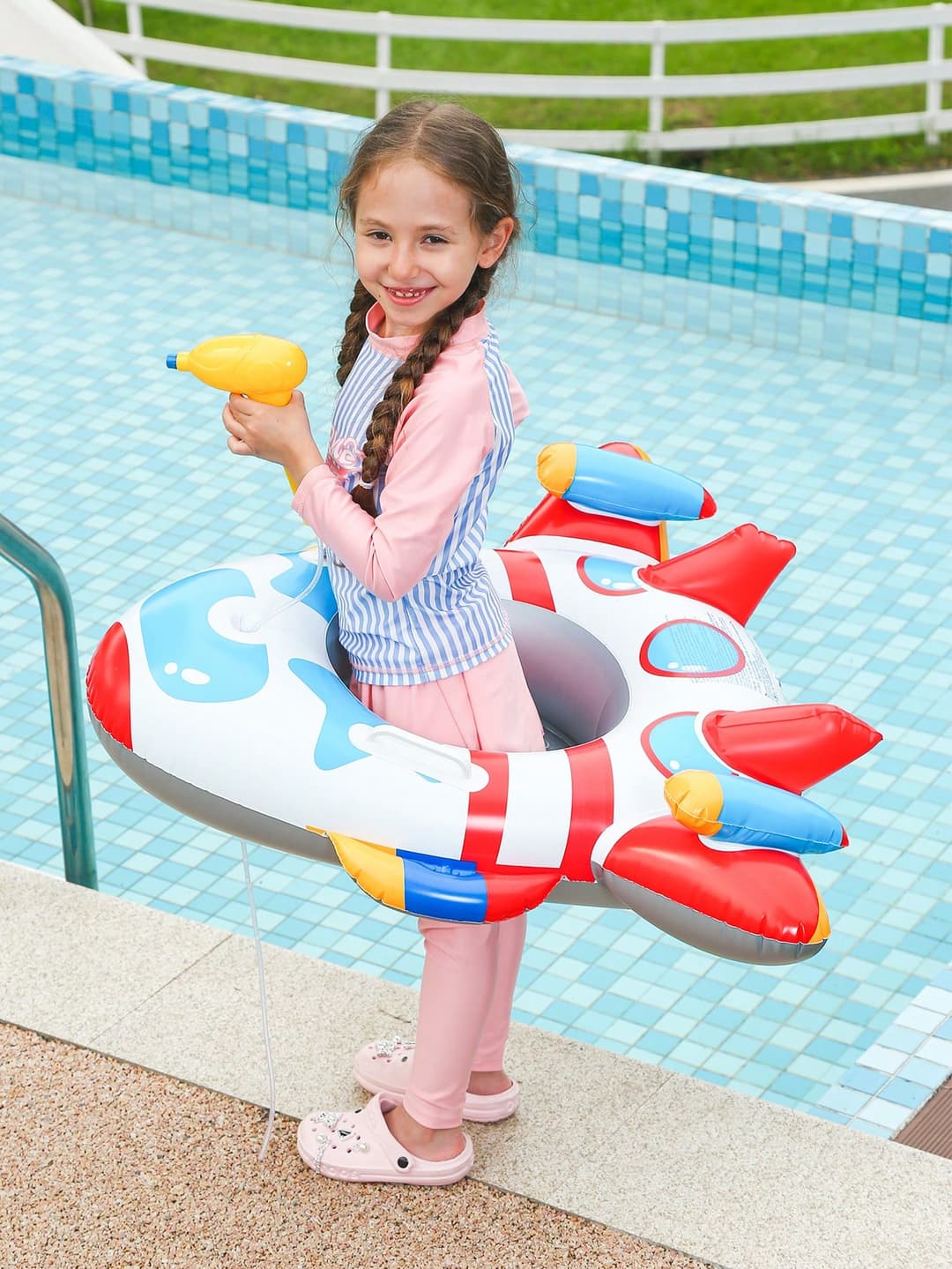 1PC Rocket Shaped Pool Floats For Kids With Water Pistol,Summer Infant Pool Float Beach Toys In Water,Baby Swimming Ring Toddler Floaties With Handle