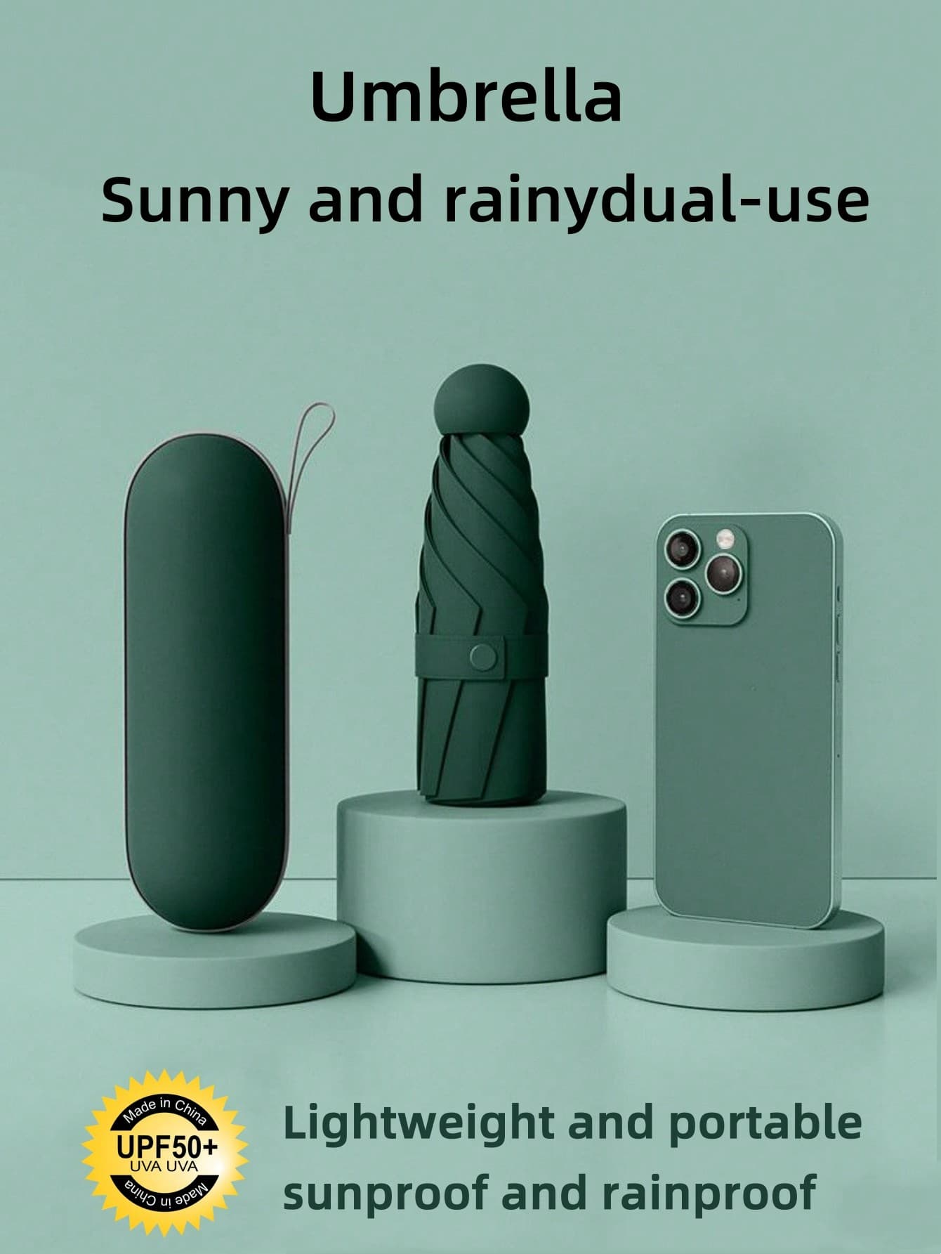 1pc Mini UV Protection Umbrella, Portable Pocket Umbrella With UV Coating, 6 Reinforced Ribs Sun Umbrella In Dark Green