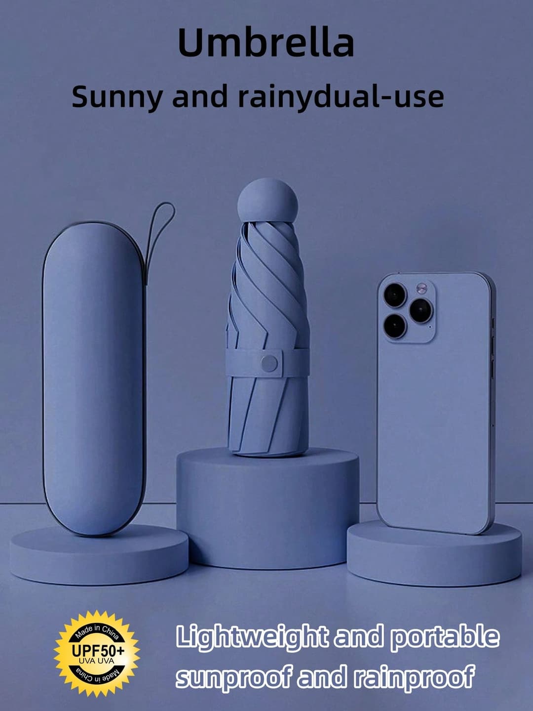1pc Anti-UV Mini Umbrella For Sun And Rain, Portable Pocket Umbrella With UV Coating, 6 Ribs Strengthened Small Blue Umbrella With Carrying Case