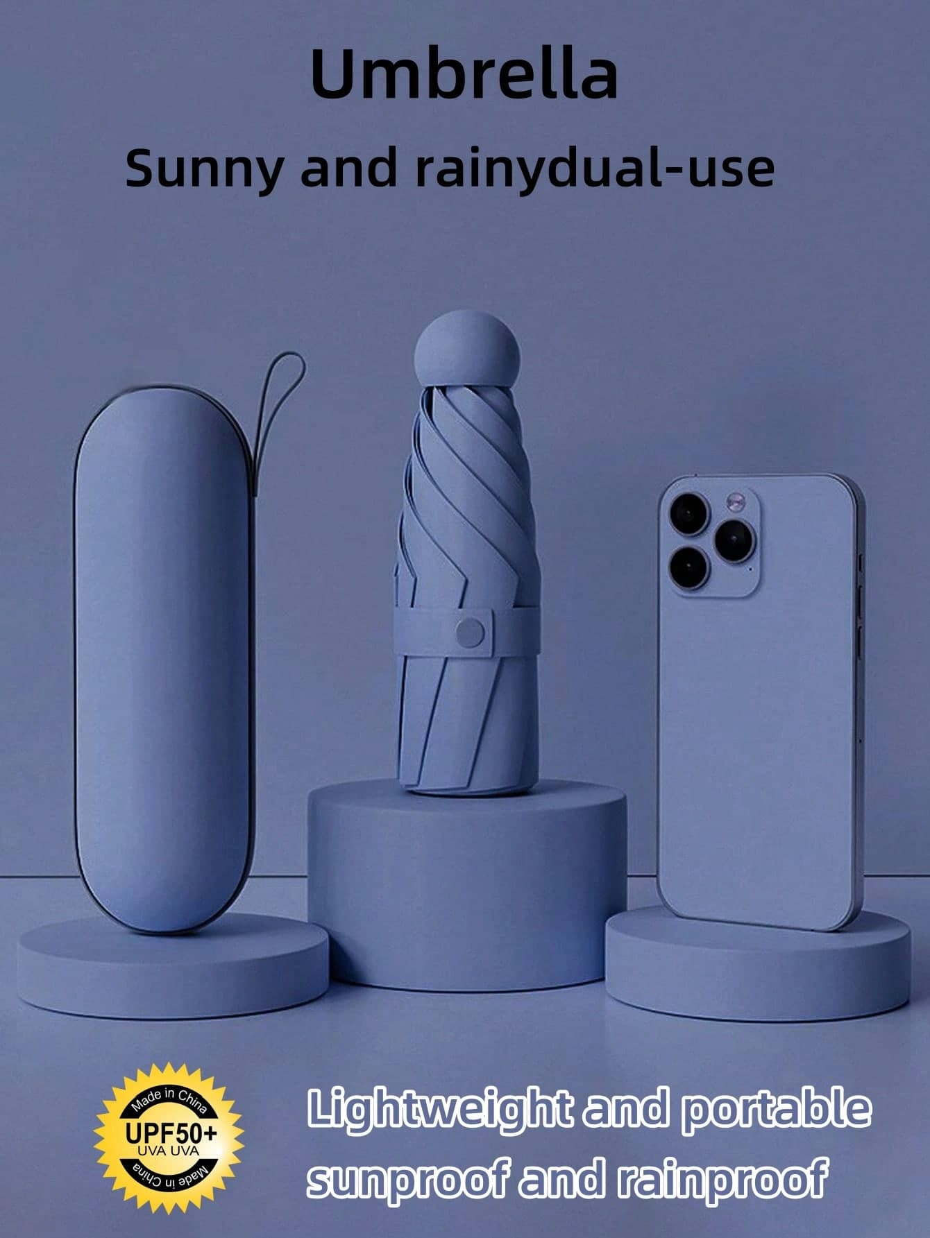1pc Anti-UV Mini Umbrella For Sun And Rain, Portable Pocket Umbrella With UV Coating, 6 Ribs Strengthened Small Blue Umbrella With Carrying Case