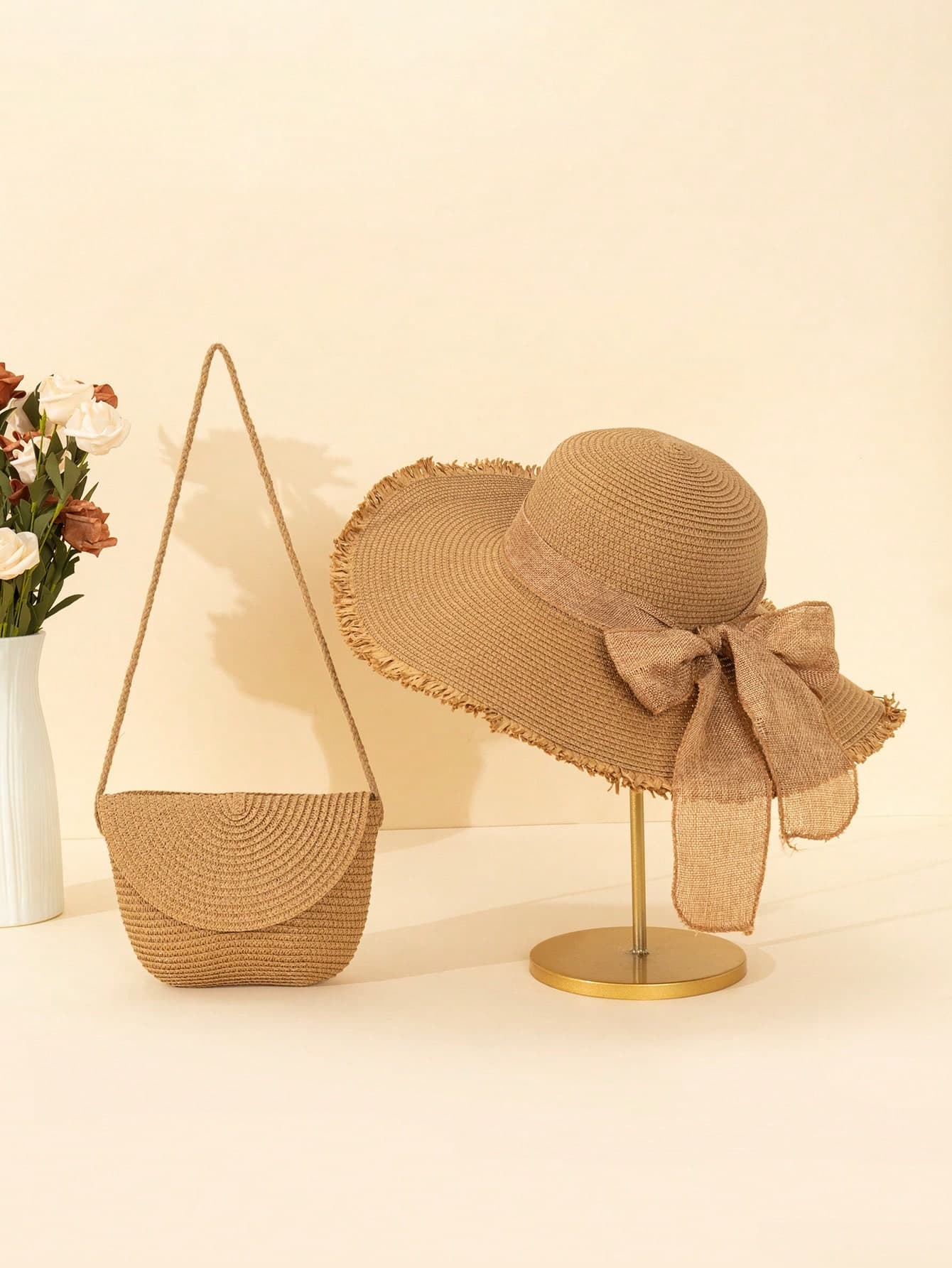 2pcs Women's Khaki Wave Bowknot Straw Beach Hat And Woven Cross-Body/Handbag Set, Perfect For Vacation