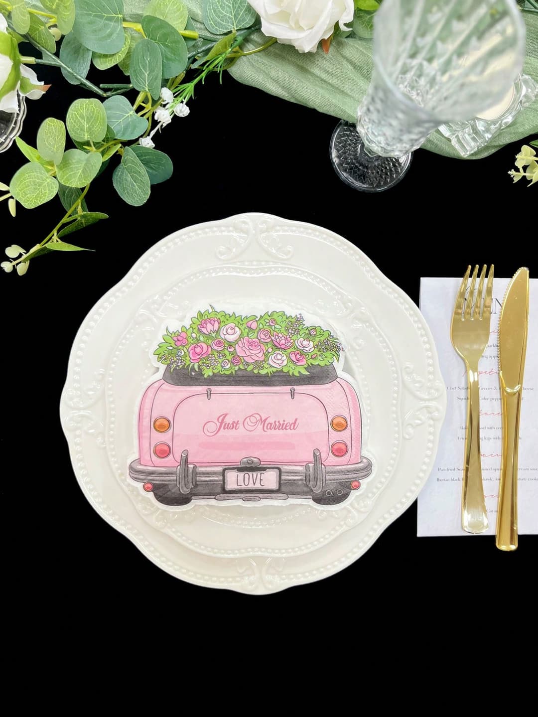20pcs Pink Floral Carriage Shape Paper Napkins, "Just Married" Printed, Wedding Restaurant Hotel Party Decorative Napkins, Party Supplies