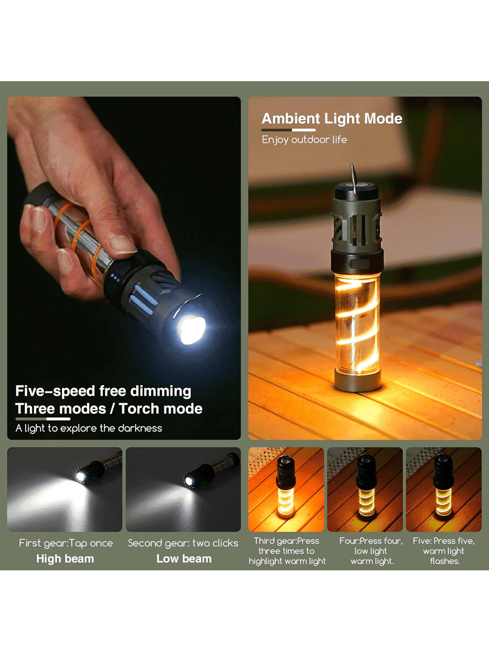 1PC Powerful Portable Lantern Hand Lamp With Hook Retro LED Camping Lights USB Rechargeable Built-In Battery For Hiking Fishing Outdoor Emergency