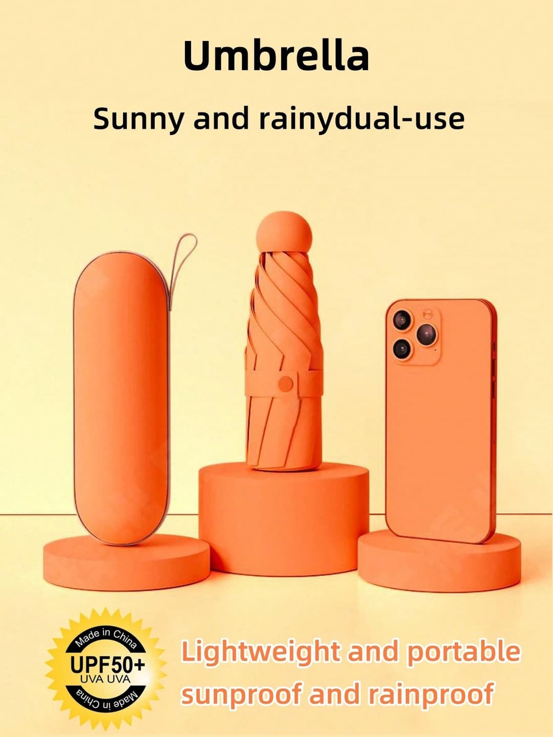 1pc UV Protection Mini Umbrella For Sun And Rain, Portable Pocket Umbrella With UV Coating, 6-Rib Reinforced Sunshade Umbrella In Bright Orange Color