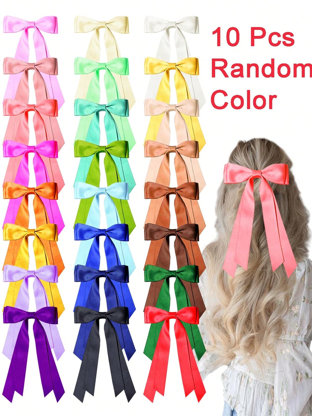 10 PCS Random Color Silky Satin Hair Bows Hair Clip Beige Black Hair Ribbon Ponytail Holder Accessories Slides Metal Clips Hair Bow For Women Halloween