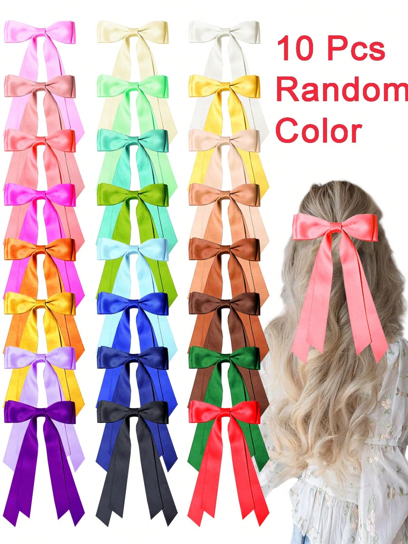 10 PCS Random Color Silky Satin Hair Bows Hair Clip Beige Black Hair Ribbon Ponytail Holder Accessories Slides Metal Clips Hair Bow For Women Halloween