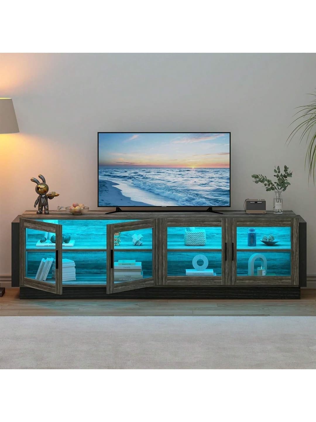 TV Stand For 75 Inch TV, 70" Entertainment Center For 75+ Inch TV With LED Storage TV Cabinet With 4 Glass Doors, LED TV Stands For Living Room, Bedroom, Grey