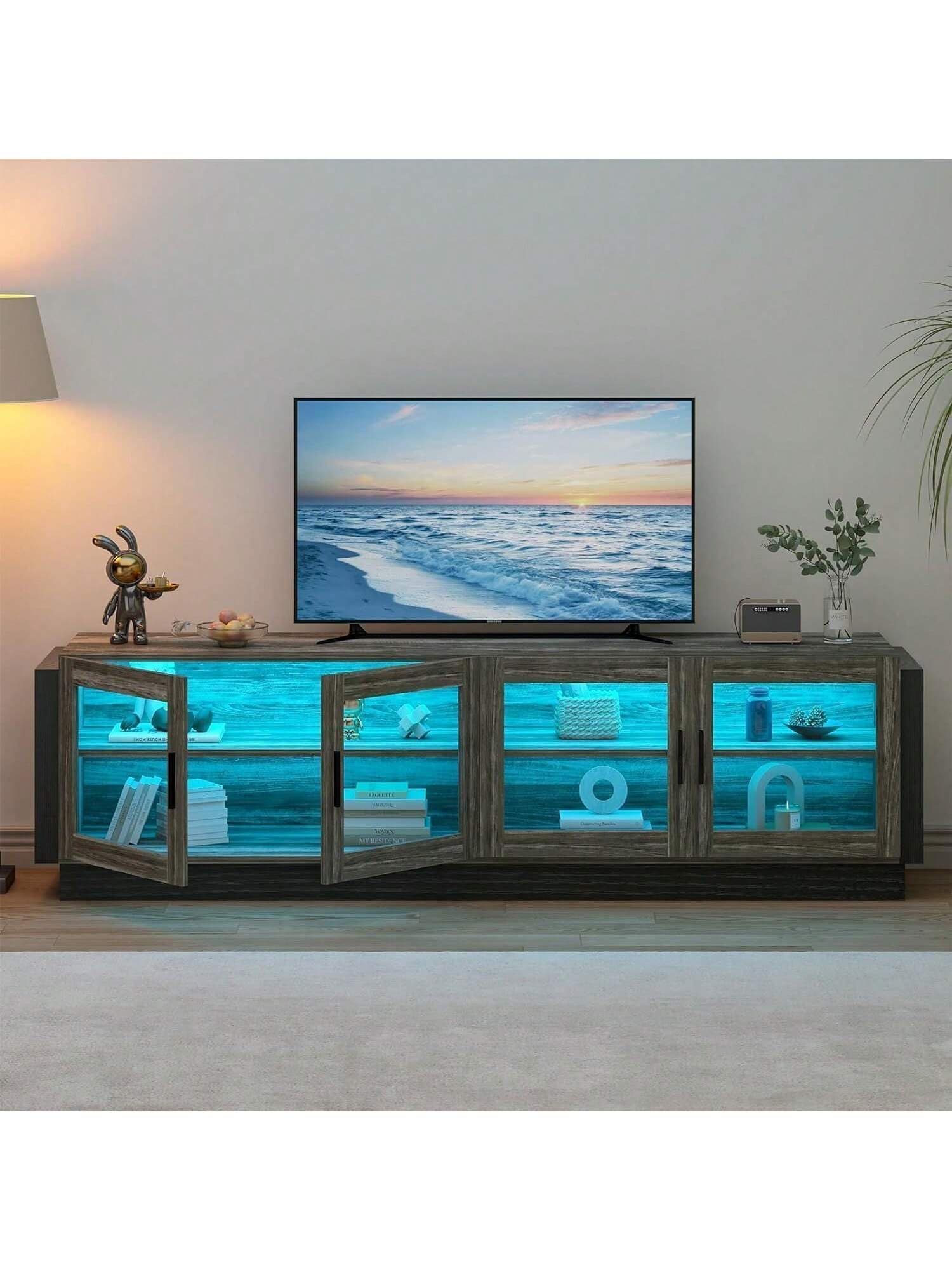 TV Stand For 75 Inch TV, 70" Entertainment Center For 75+ Inch TV With LED Storage TV Cabinet With 4 Glass Doors, LED TV Stands For Living Room, Bedroom, Grey