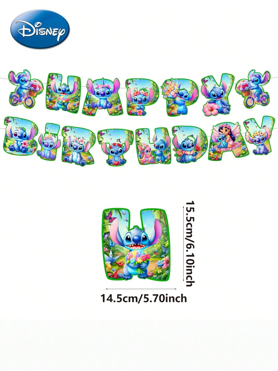 Disney 32PCS Officially Licensed Stitch Balloon Set Green Flowerland Theme Party Decoration Family Party Wedding Anniversary Graduation Cake Decoration Birthday Party Dress Up Gift For Friends