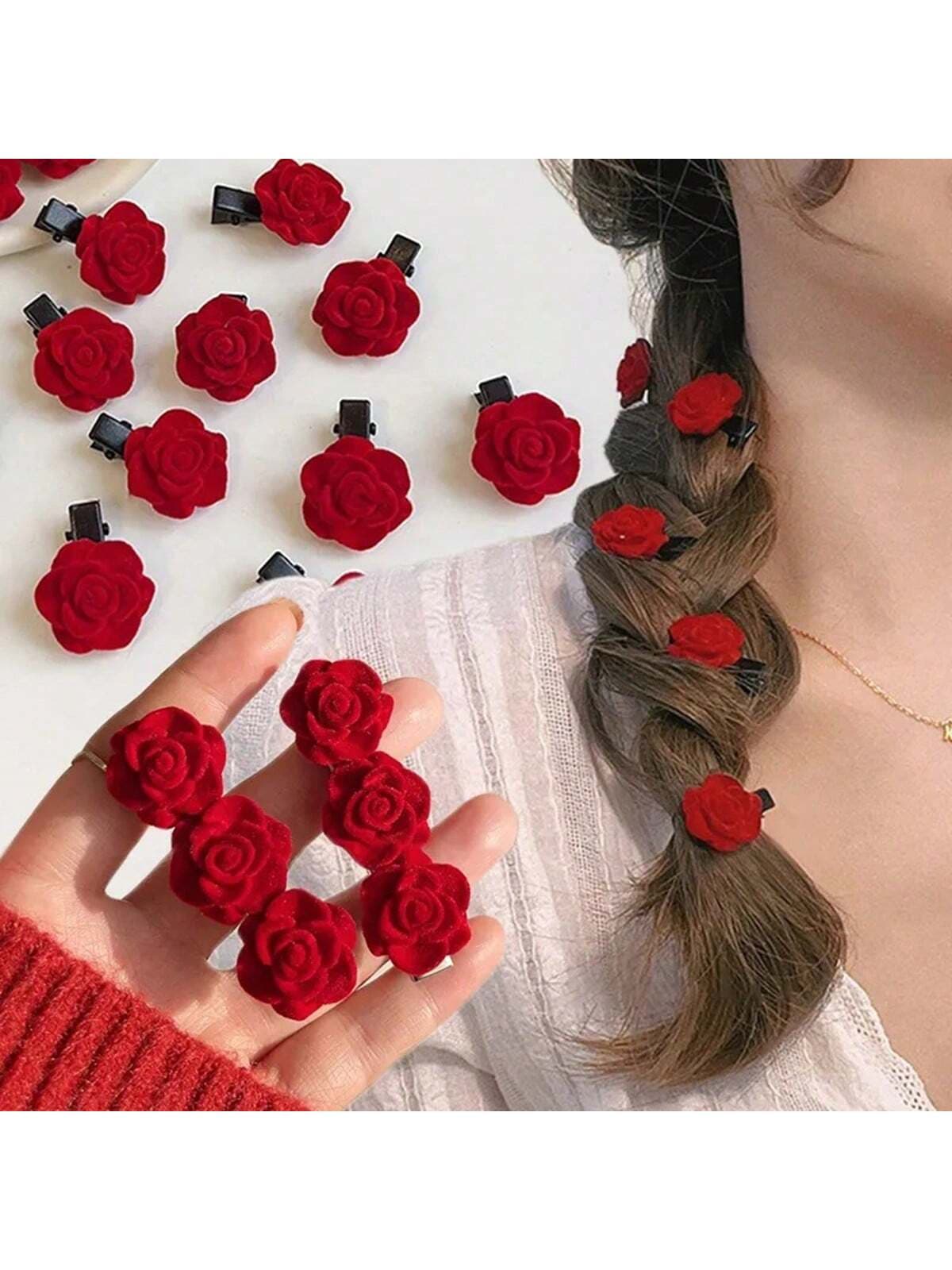 10pcs Vintage Red Velvet Rose Barrettes, Hair Clips For Girls & Brides Halloween