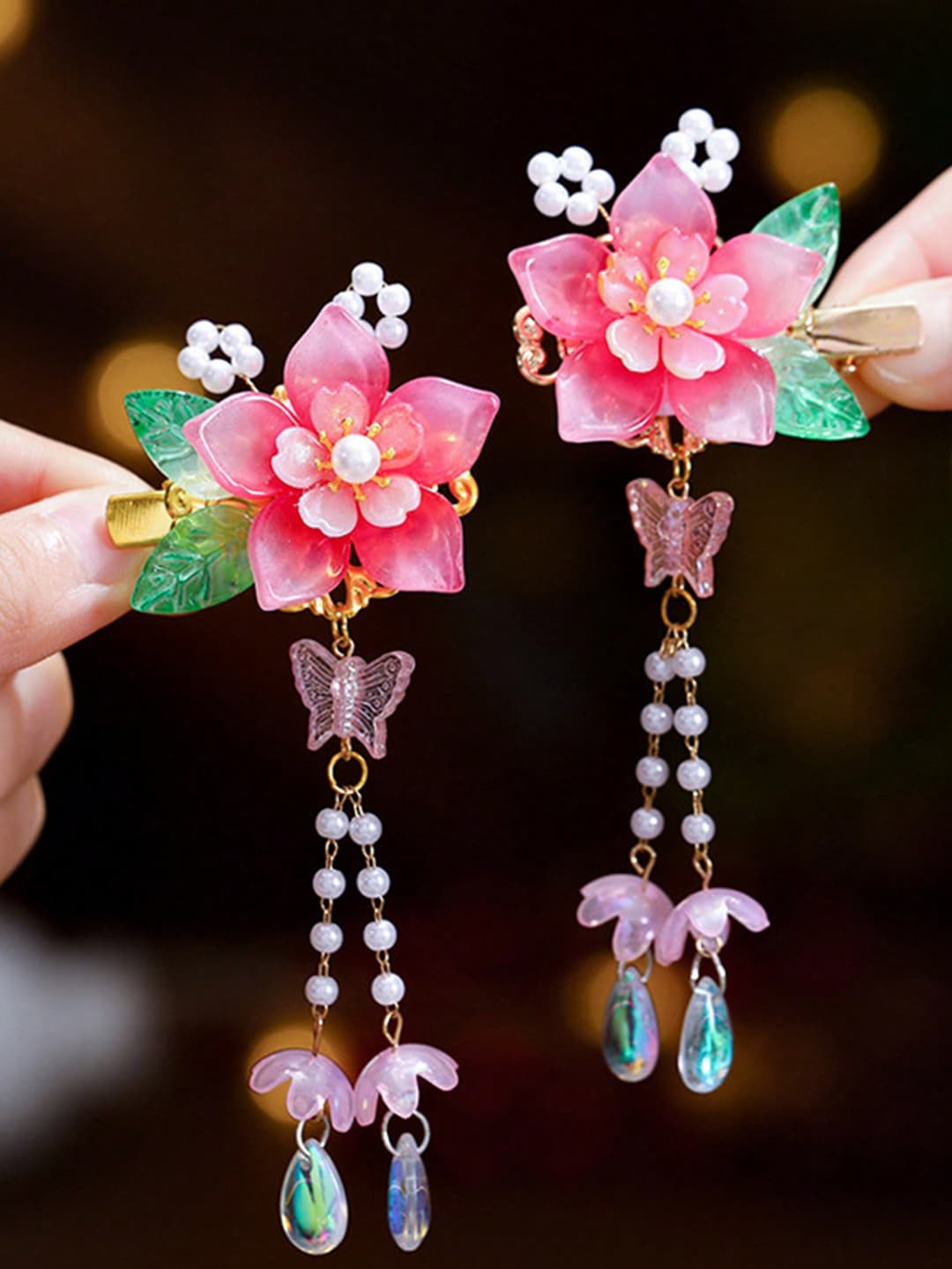 New Spring & Summer Traditional Chinese Style Hair Clip With Glazed Ceramic Flower, Pearl & Tassel Decor, For Costume Performance