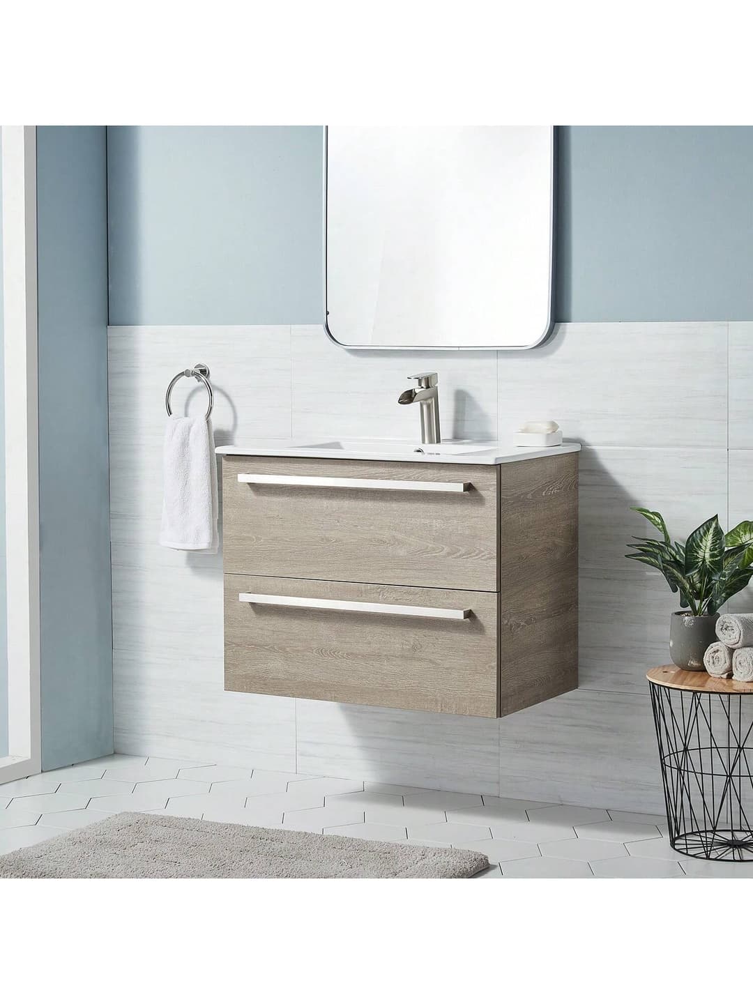 KINGO 30 Inch Gray Wood Garin Wall-Mounted Bathroom Vanity And Sink Combo, Bathroom Cabinet With 2 Drawers, Bathroom Vanities With Ceramic Sink