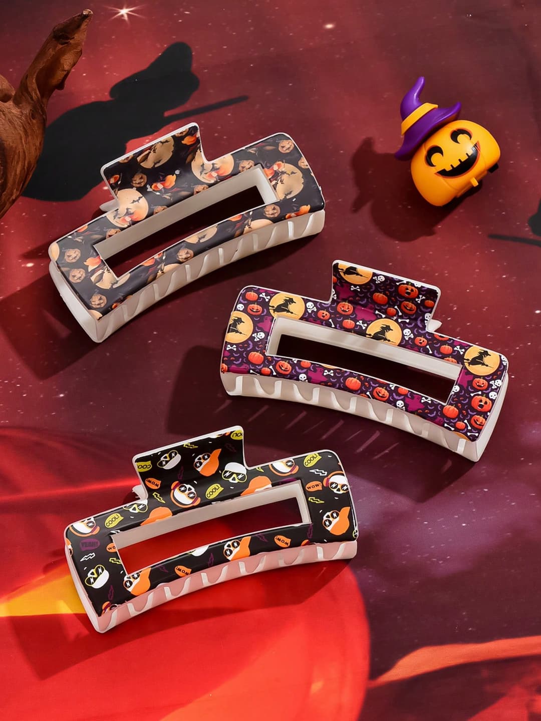 3pcs Women's Gothic Halloween Themed Bat, Pumpkin, Skeleton Head Deluxe 4.33in/11cm Large Square Hair Clips, Fashionable All-Match Elegant Classy Chic Hair Accessories For Everyday, Casual, Party, Commute, Vacation