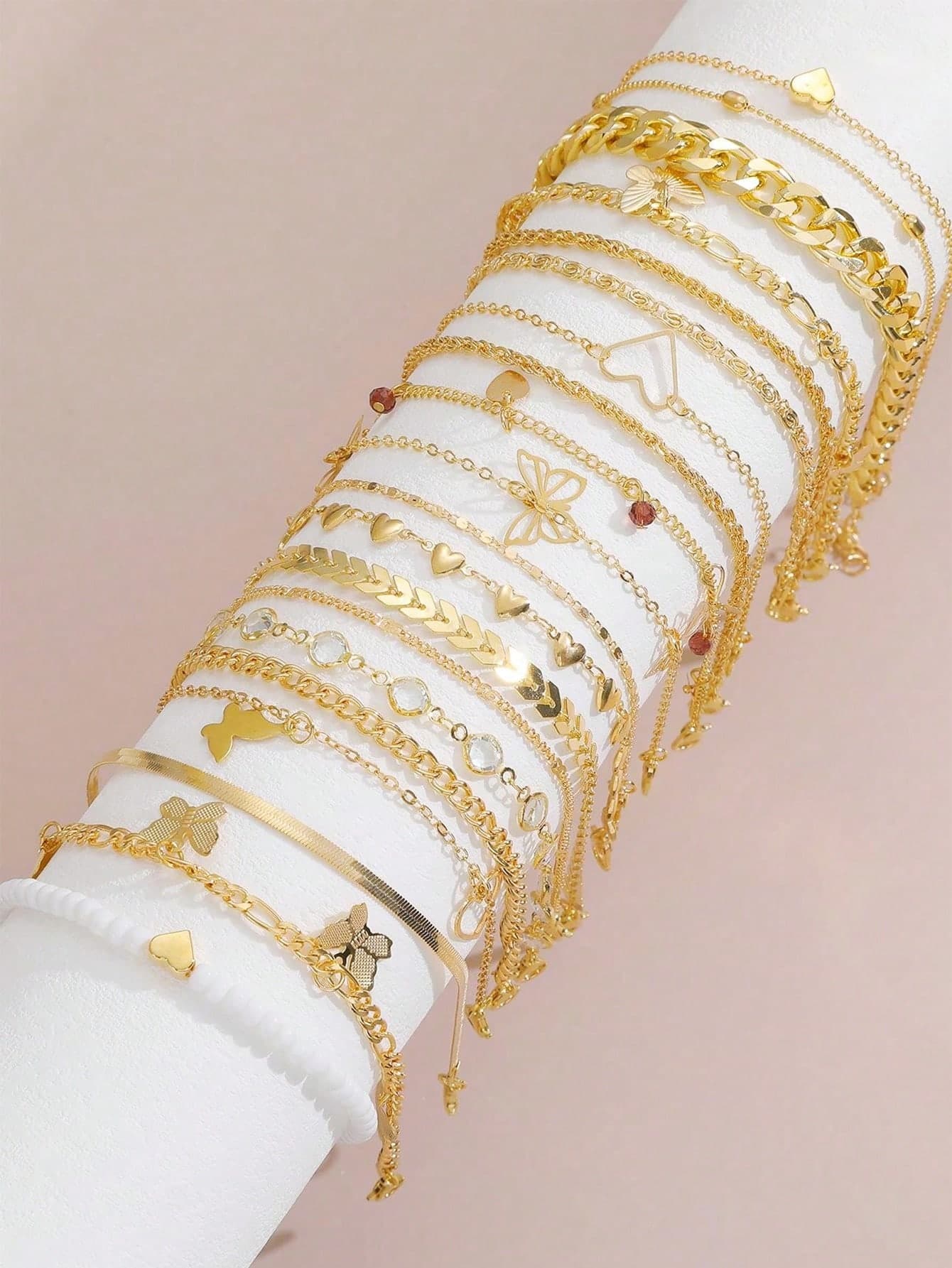 19pcs Elegant Minimalist Hollow Heart, Sequin, Butterfly Multilayer Anklet Set, Gold-Tone, Perfect For Women Holiday, Party, Date, Daily Wear Gift