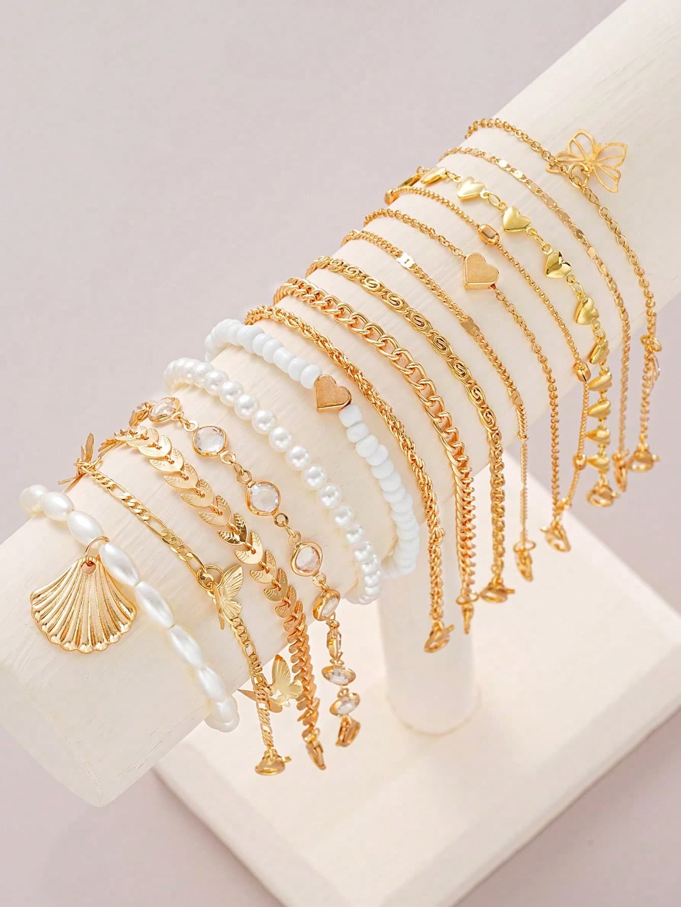 14pcs/Set Fashionable Bohemian Style Heart Butterfly Shell Aircraft Coin Pendant Golden Anklet Set, Great For Summer Beach, Party, Date, Gift, Daily Wear