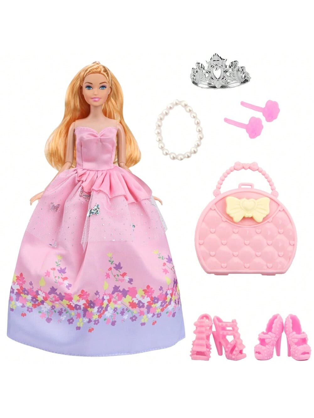 30cm Doll Girl Toy Doll New Silk Suit Dress 8 Piece Set = 1 Piece Of Dalian Dress + 1 Necklace + 1 Crown + 2 Earrings + 1 Bag + 2 Pairs Of Shoes (Doll Not Included) Holiday Gift Toy