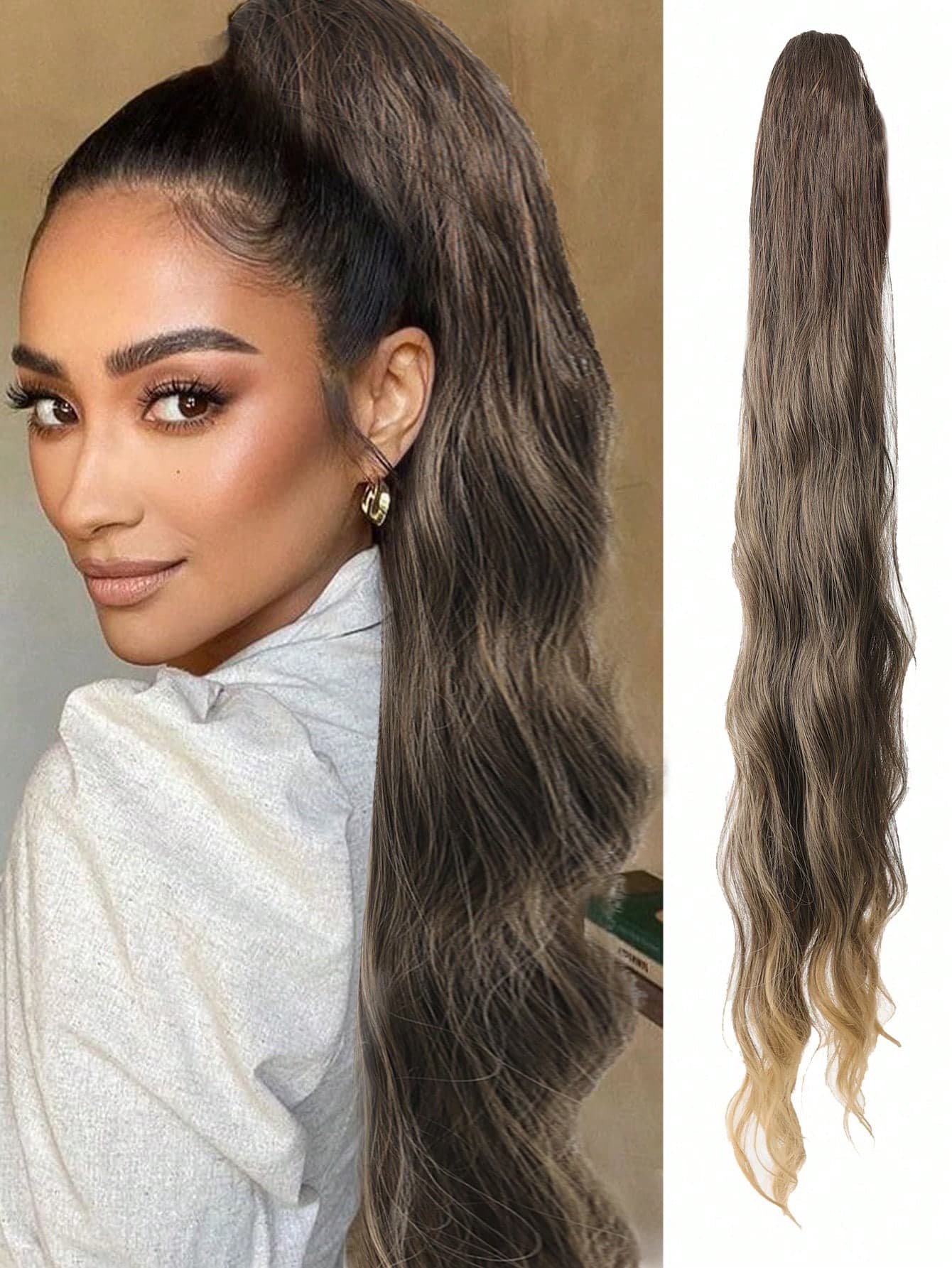 32 Inch Gradient Brown High Temperature Resistant Large Grip Water Ripple Ponytail Ladies Daily Natural Wig Ponytail