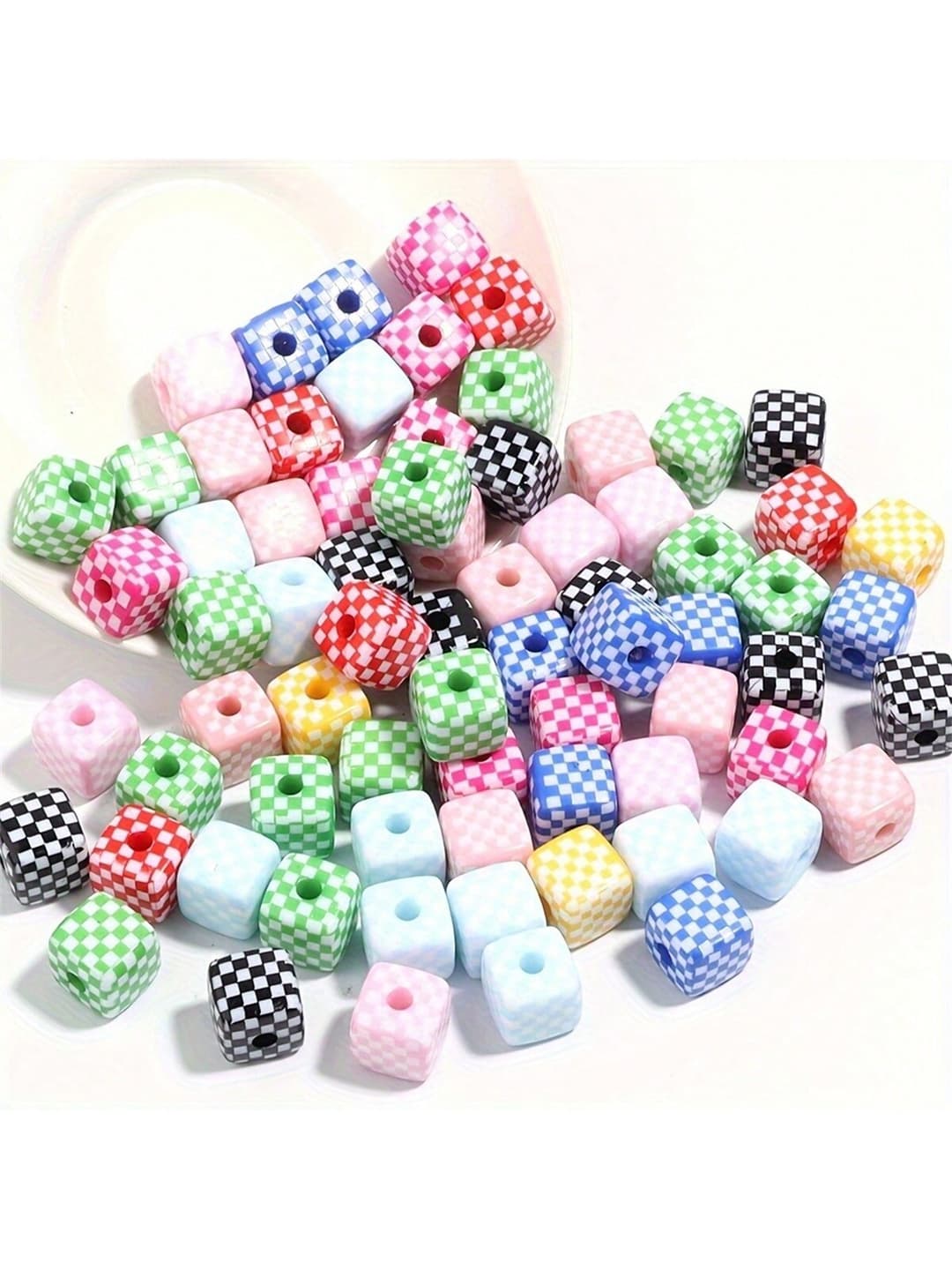20pcs Mixed Color Acrylic Geometric Pattern Three-Dimensional Color Checkerboard Square Beads - DIY Handmade Jewelry Making Supplies For Fashion Bracelet And Necklace Decoration - Synthetic Material, No Mosaic, No Plating, Straight Hole Design