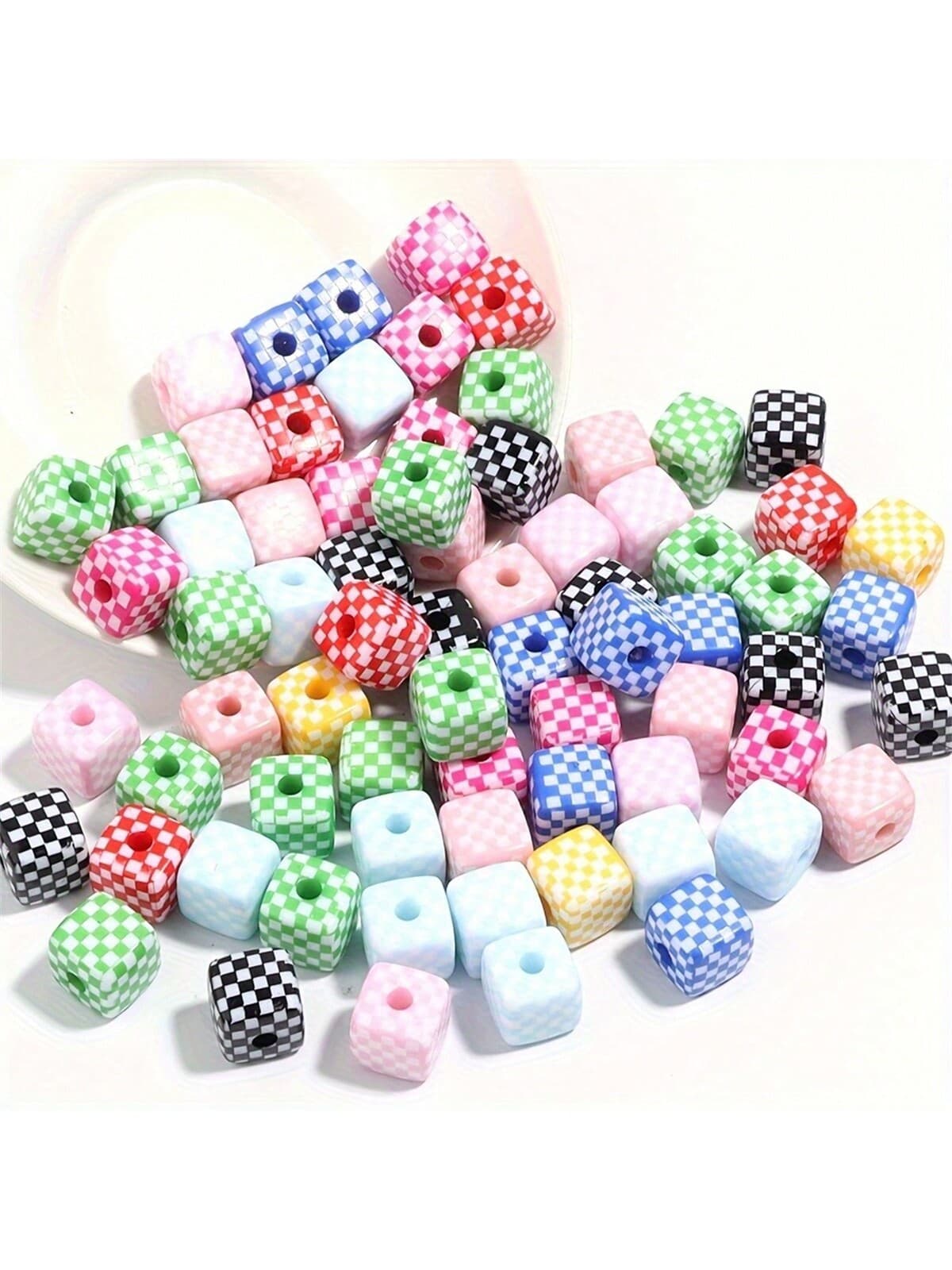 20pcs Mixed Color Acrylic Geometric Pattern Three-Dimensional Color Checkerboard Square Beads - DIY Handmade Jewelry Making Supplies For Fashion Bracelet And Necklace Decoration - Synthetic Material, No Mosaic, No Plating, Straight Hole Design